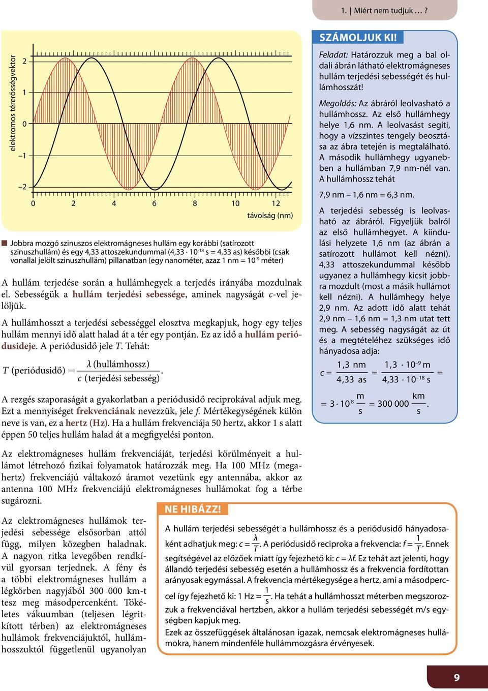 4,33 as) későbbi (csak vonallal jelölt szinuszhullám) pillanatban (egy nanométer, azaz 1 nm = 10-9 méter) A hullám terjedése során a hullámhegyek a terjedés irányába mozdulnak el.