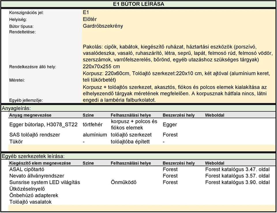 tolóajtós szerkezet, akasztós, fiókos és polcos elemek kialakítása az elhelyezendő tárgyak méretének megfelelően. A korpusznak hátfala nincs, látni engedi a lambéria falburkolatot.