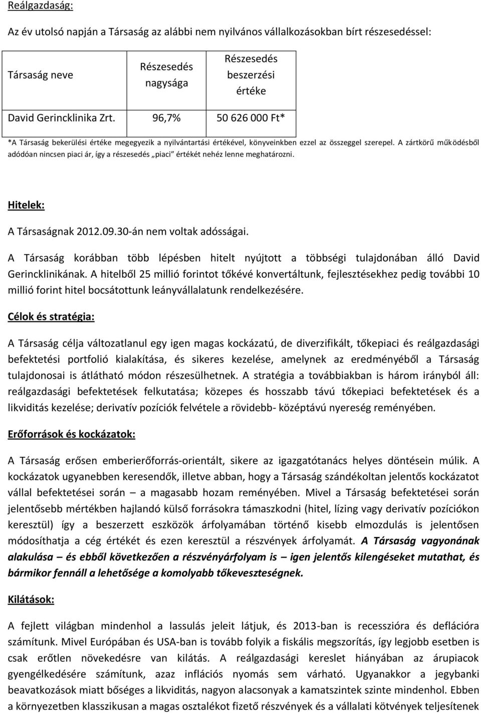 A zrtkörű működsből adódóan nincsen piaci r, így a rszeseds piaci rtkt nehz lenne meghatrozni. Hitelek: A Trsasgnak 2012.09.30-n nem voltak adóssgai.