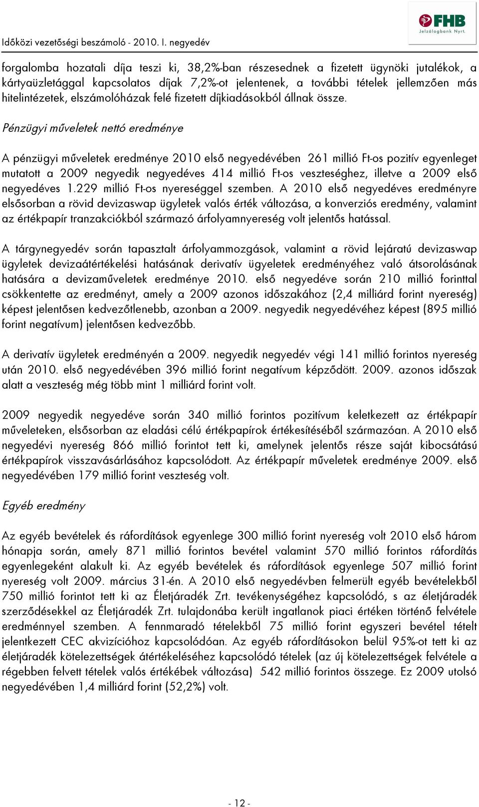 Pénzügyi műveletek nettó eredménye A pénzügyi műveletek eredménye 2010 első negyedévében 261 millió Ft-os pozitív egyenleget mutatott a 2009 negyedik negyedéves 414 millió Ft-os veszteséghez, illetve