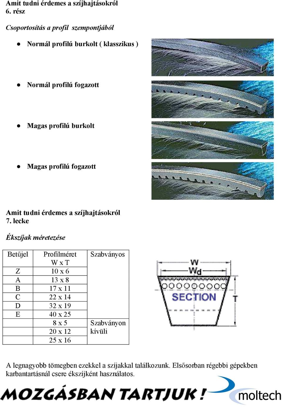 lecke Ékszíjak méretezése Betűjel Profilméret W x T Z 10 x 6 A 13 x 8 B 17 x 11 C 22 x 14 D 32 x 19 E 40 x 25