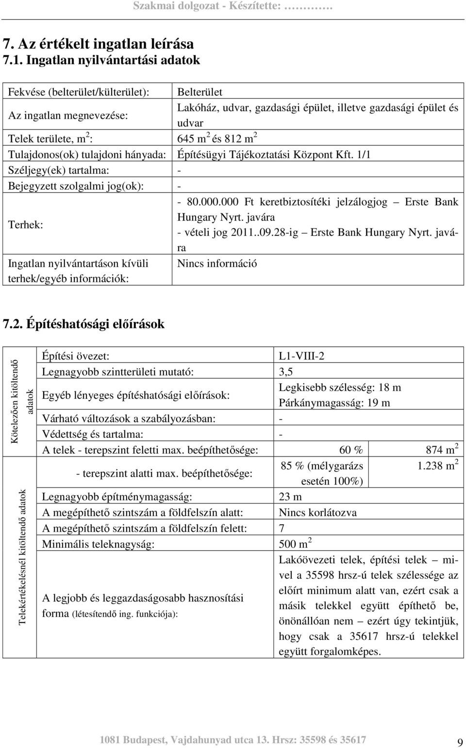 és 812 m 2 Tulajdonos(ok) tulajdoni hányada: Építésügyi Tájékoztatási Központ Kft. 1/1 Széljegy(ek) tartalma: - Bejegyzett szolgalmi jog(ok): - - 80.000.