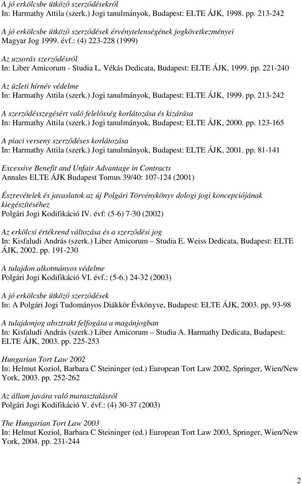 Vékás Dedicata, Budapest: ELTE ÁJK, 1999. pp. 221-240 Az üzleti hírnév védelme In: Harmathy Attila (szerk.) Jogi tanulmányok, Budapest: ELTE ÁJK, 1999. pp. 213-242 A szerződésszegésért való felelősség korlátozása és kizárása In: Harmathy Attila (szerk.