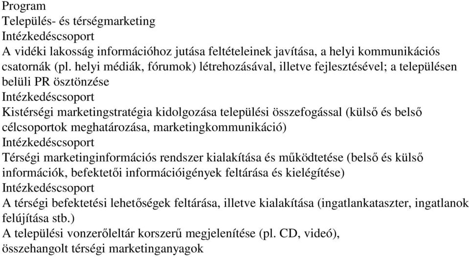 célcsoportok meghatározása, marketingkommunikáció) Térségi marketinginformációs rendszer kialakítása és működtetése (belső és külső információk, befektetői információigények feltárása