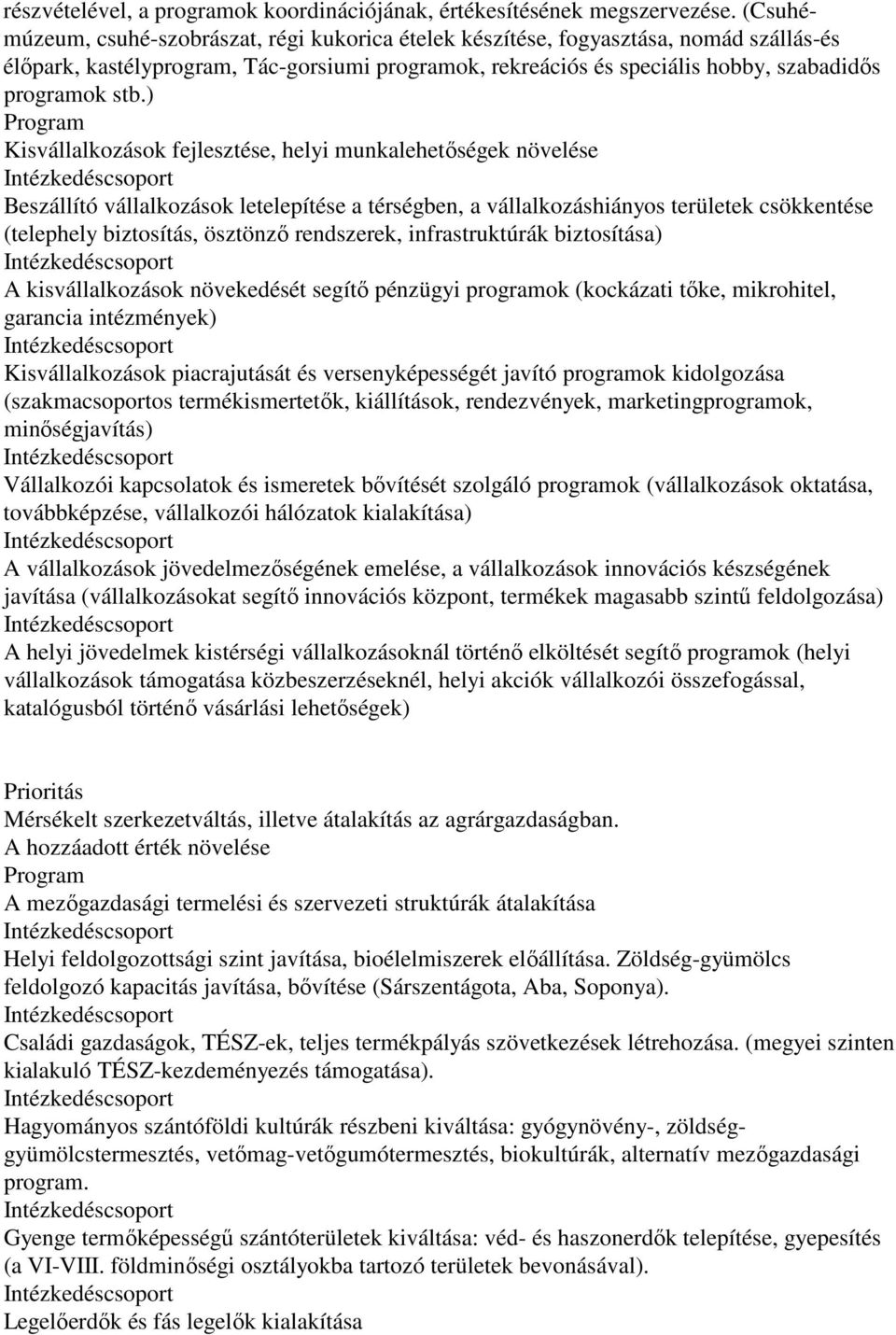 ) Program Kisvállalkozások fejlesztése, helyi munkalehetőségek növelése Beszállító vállalkozások letelepítése a térségben, a vállalkozáshiányos területek csökkentése (telephely biztosítás, ösztönző