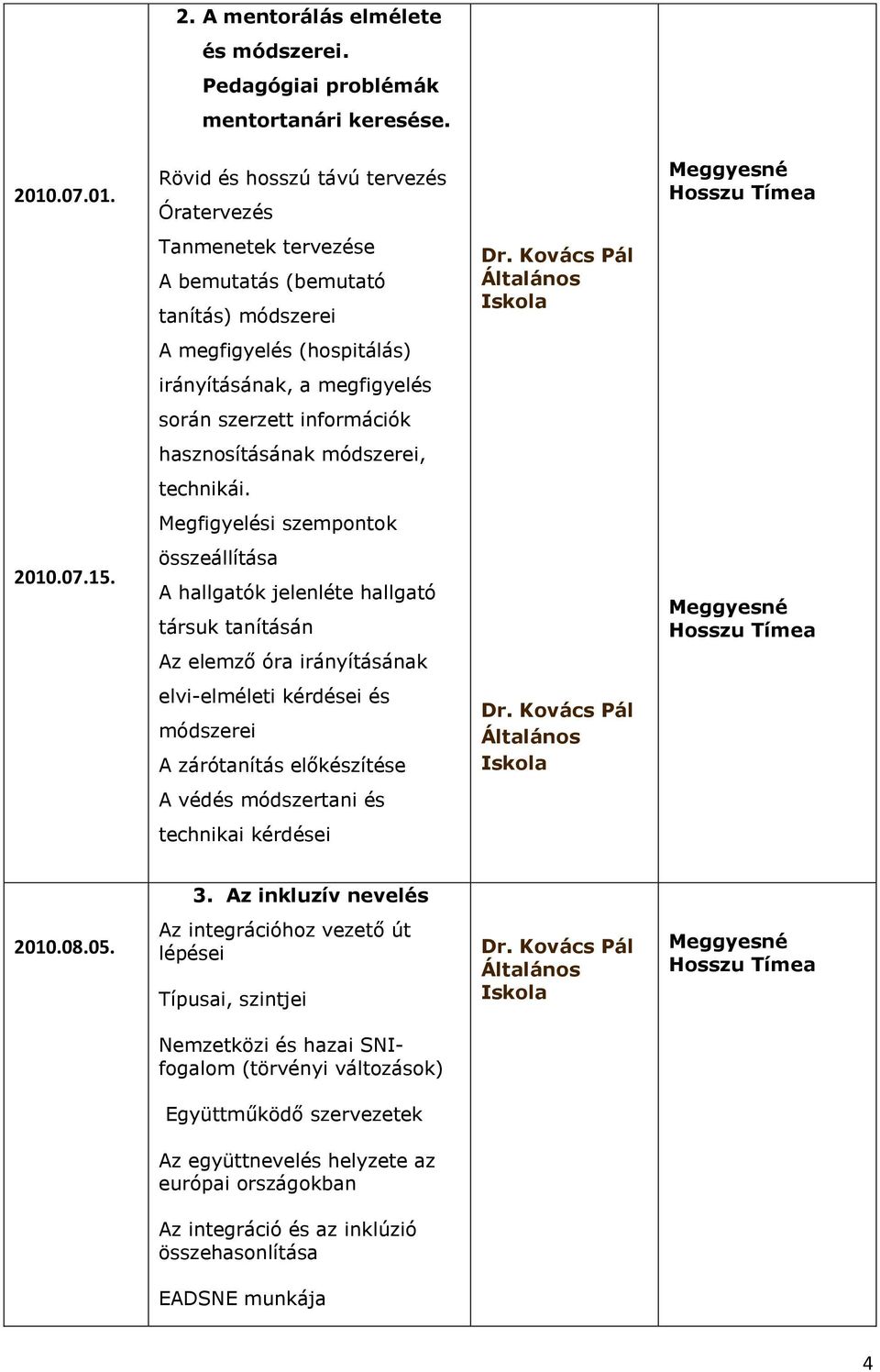 Rövid és hosszú távú tervezés Óratervezés Tanmenetek tervezése A bemutatás (bemutató tanítás) módszerei A megfigyelés (hospitálás) irányításának, a megfigyelés során szerzett információk