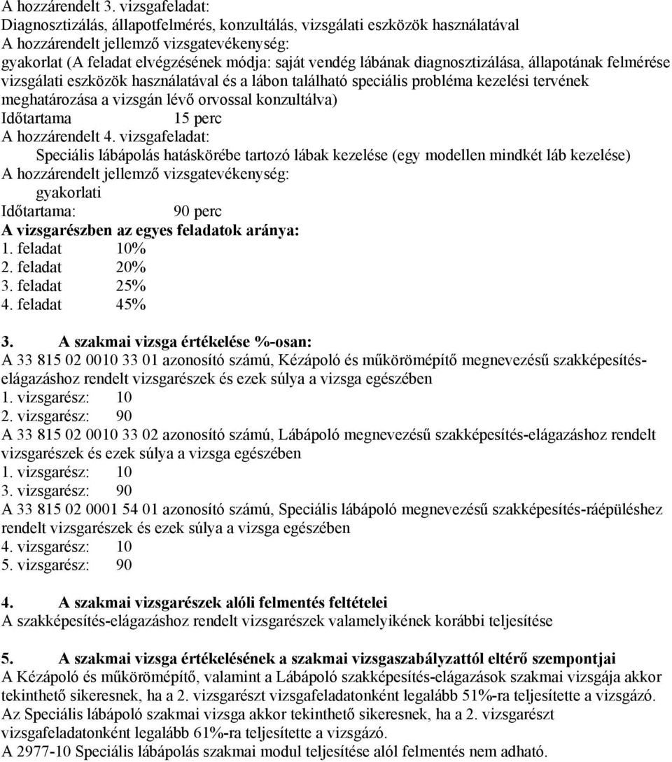 vizsgálati eszközök használatával és a lábon található speciális probléma kezelési tervének meghatározása a vizsgán lévő orvossal konzultálva) Időtartama 15 perc A hozzárendelt 4.