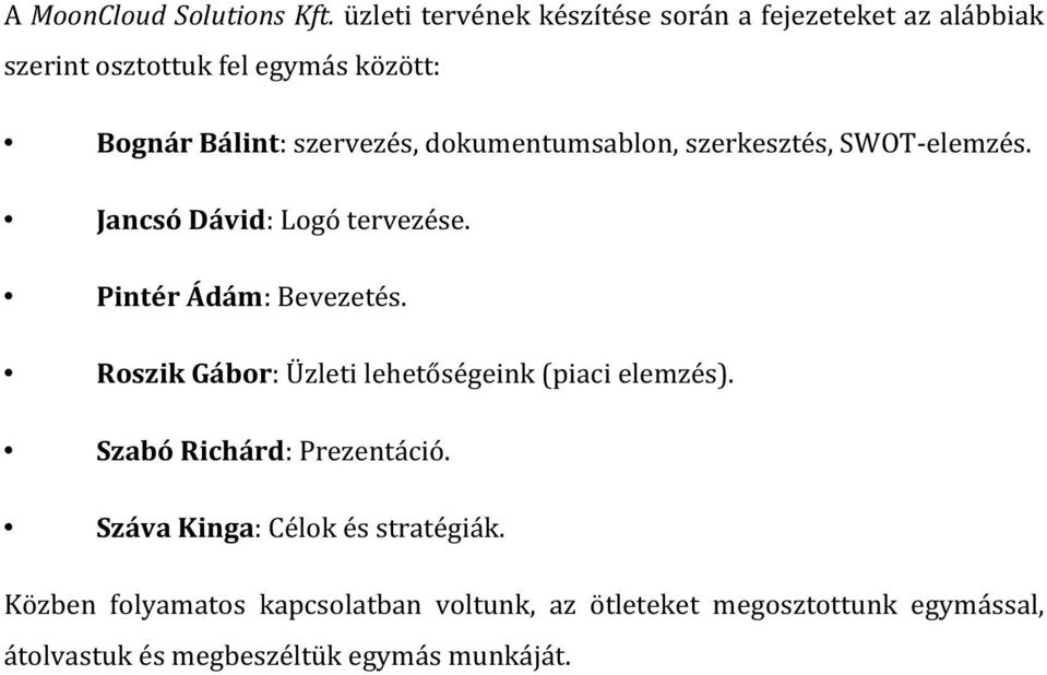 dokumentumsablon, szerkesztés, SWOT-elemzés. Jancsó Dávid: Logó tervezése. Pintér Ádám: Bevezetés.