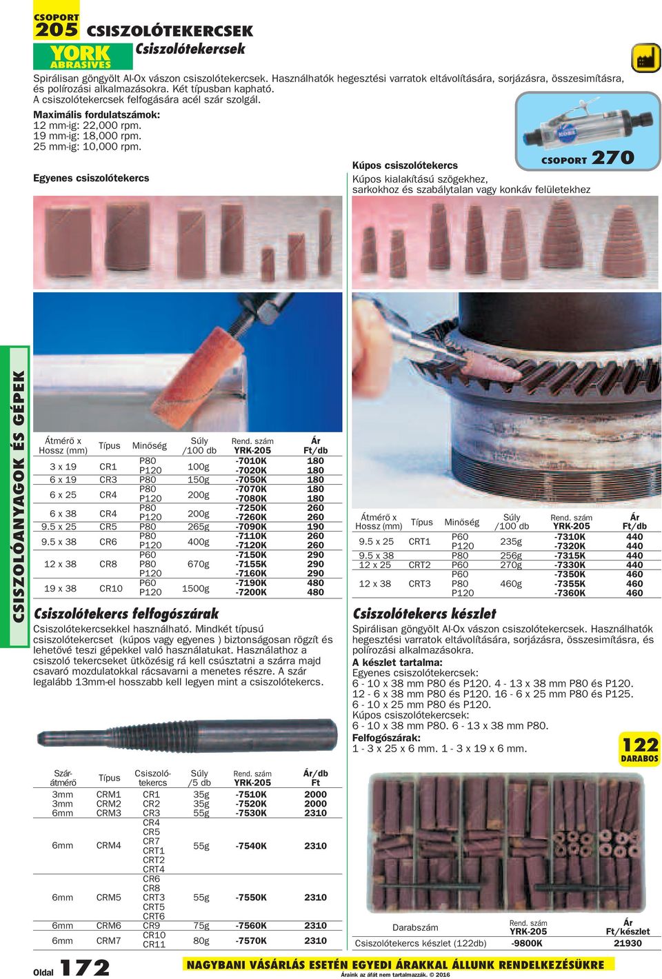 Egyenes csiszolótekercs Kúpos csiszolótekercs 270 Kúpos kialakítású szögekhez, sarkokhoz és szabálytalan vagy konkáv felületekhez Átmérõ x Hossz Minõség /100 db YRK-205 3 x 19 CR1 P80 P120 100g