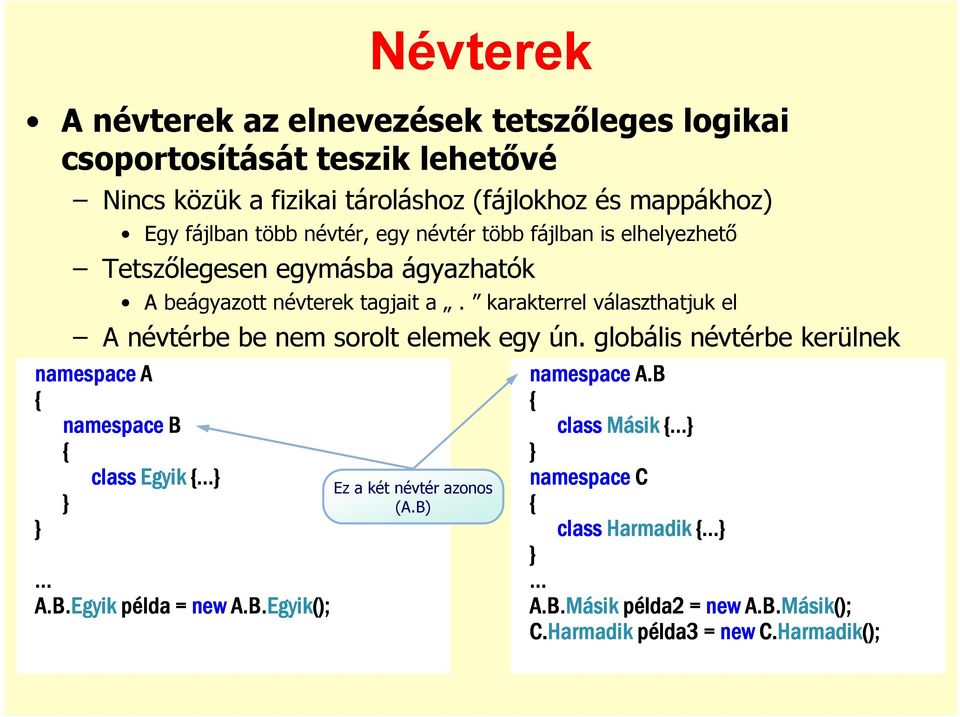 karakterrel választhatjuk el A névtérbe be nem sorolt elemek egy ún. globális névtérbe kerülnek namespace A namespace B class Egyik A.B.Egyik példa = new A.