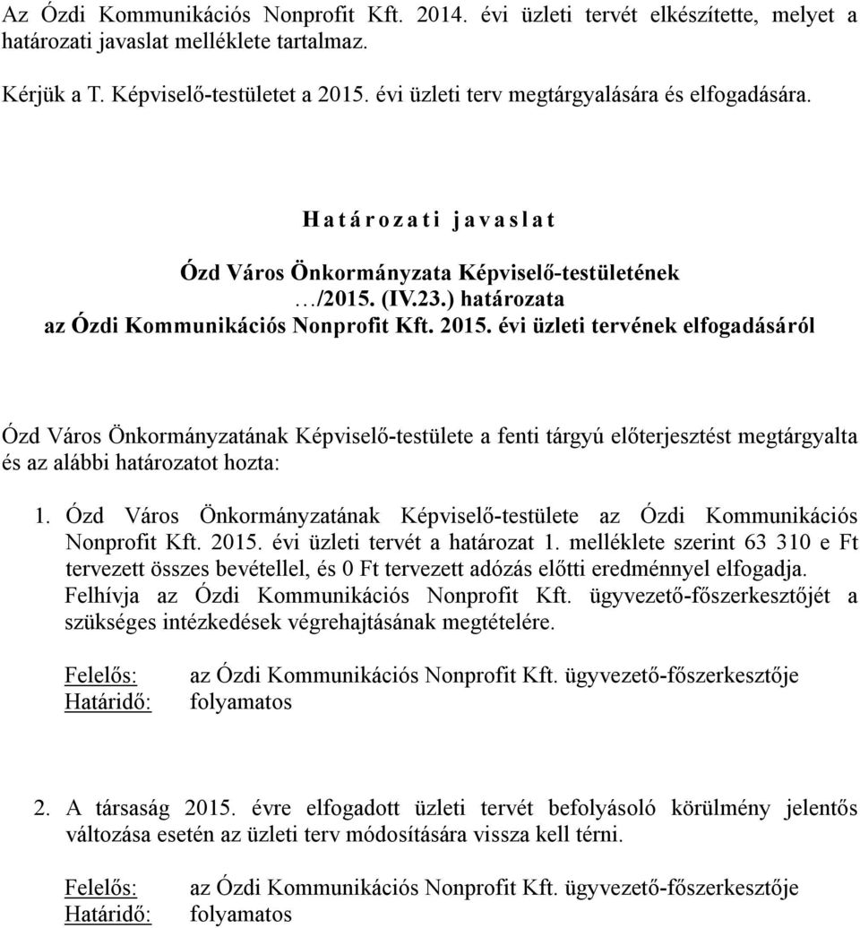 2015. évi üzleti tervének elfogadásáról Ózd Város Önkormányzatának Képviselő-testülete a fenti tárgyú előterjesztést megtárgyalta és az alábbi határozatot hozta: 1.