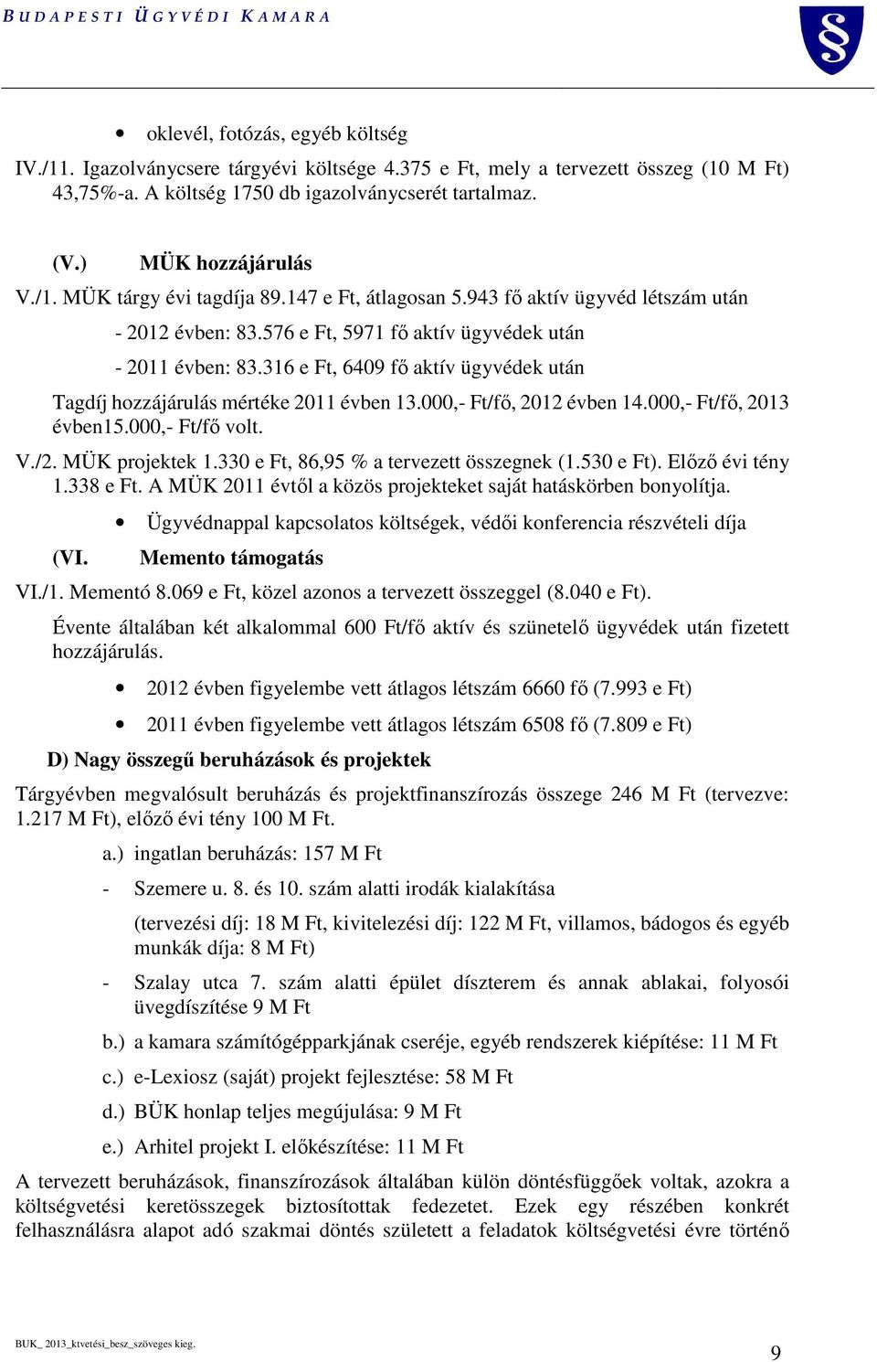 316 e Ft, 6409 fő aktív ügyvédek után Tagdíj hozzájárulás mértéke 2011 évben 13.000,- Ft/fő, 2012 évben 14.000,- Ft/fő, 2013 évben15.000,- Ft/fő volt. V./2. MÜK projektek 1.