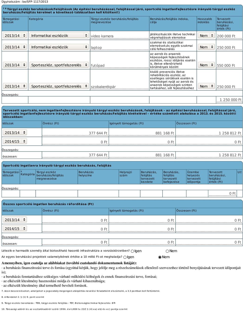 ) Támogatási időszak Kategória Tárgyi eszköz beruházás/felújítás megnevezése Beruházás/felújítás indoka, célja Hosszabb indoklás Tervezett beruházási, felújítási érték (Ft) 2013/14 Informatikai