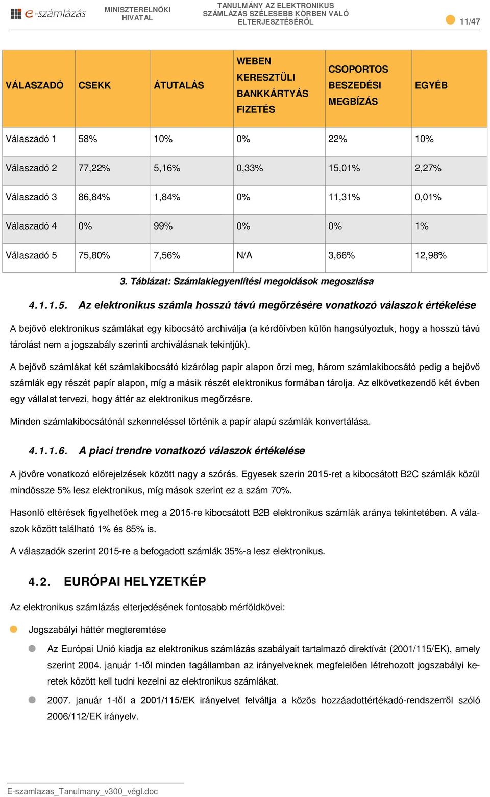 75,80% 7,56% N/A 3,66% 12,98% 3. Táblázat: Számlakiegyenlítési megoldások megoszlása 4.1.1.5. Az elektronikus számla hosszú távú megőrzésére vonatkozó válaszok értékelése A bejövő elektronikus