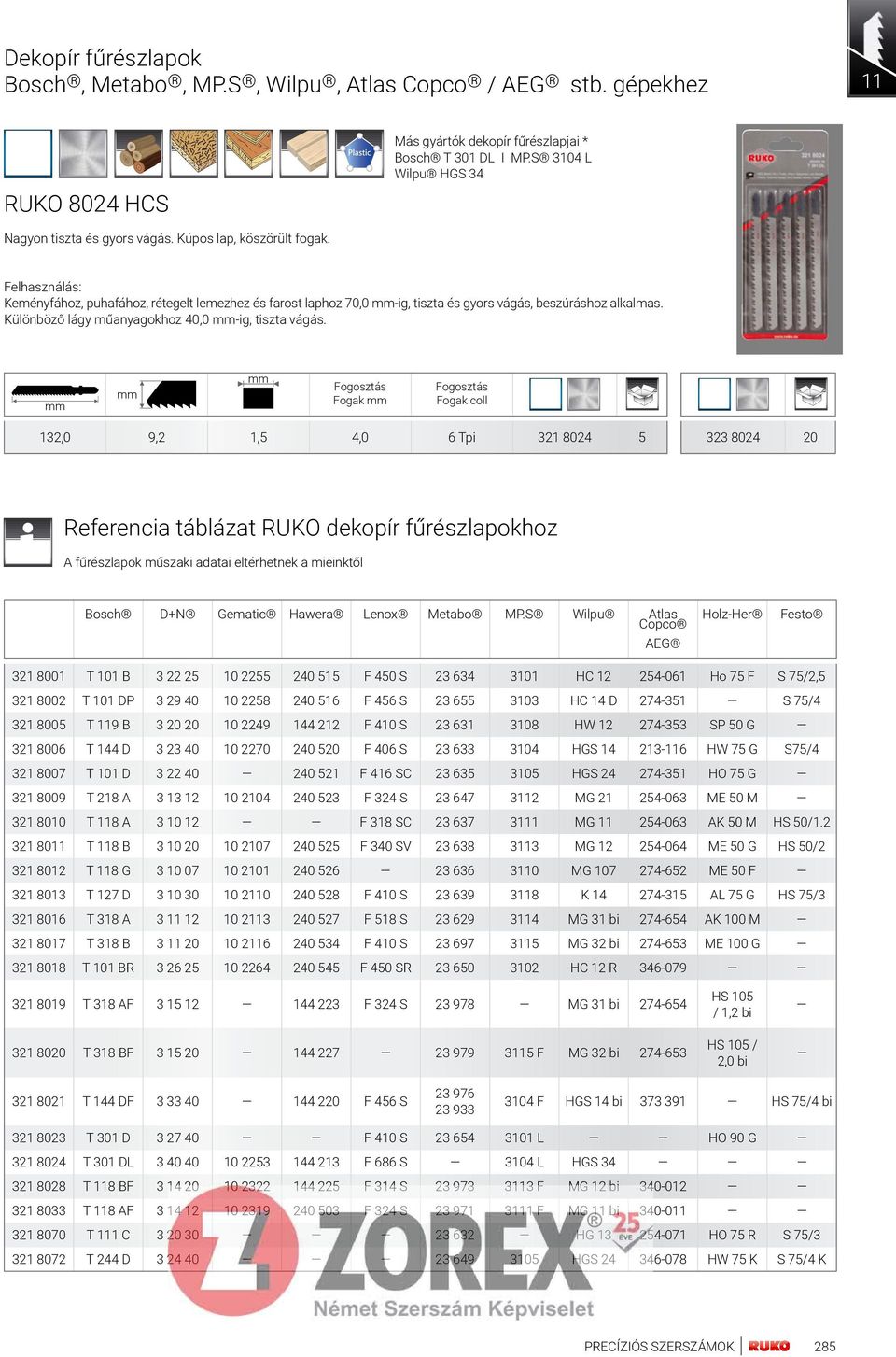 Fogak 132,0 9,2 1,5 4,0 6 tpi 321 8024 5 323 8024 20 Referencia táblázat RUKO dekopír fűrészlapokhoz A fűrészlapok műszaki adatai eltérhetnek a mieinktől bosch D+n gematic Hawera lenox metabo mp.