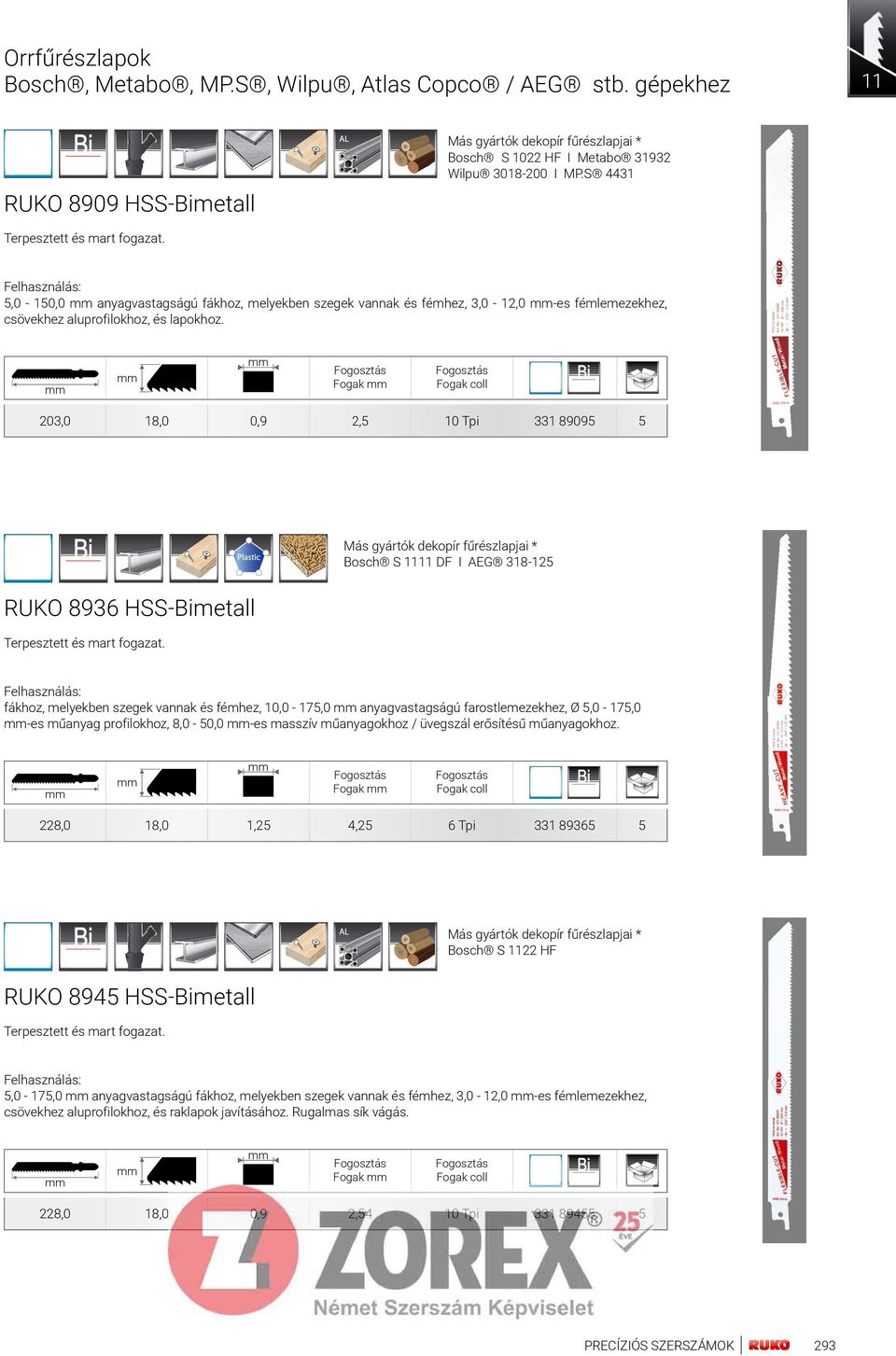 Fogak 203,0 18,0 0,9 2,5 10 tpi 331 89095 5 bosch s 1111 DF i AEg 318-125 RUKO 8936 Hss-bimetall fákhoz, melyekben szegek vannak és fémhez, 10,0-175,0 anyagvastagságú farostlemezekhez, Ø 5,0-175,0