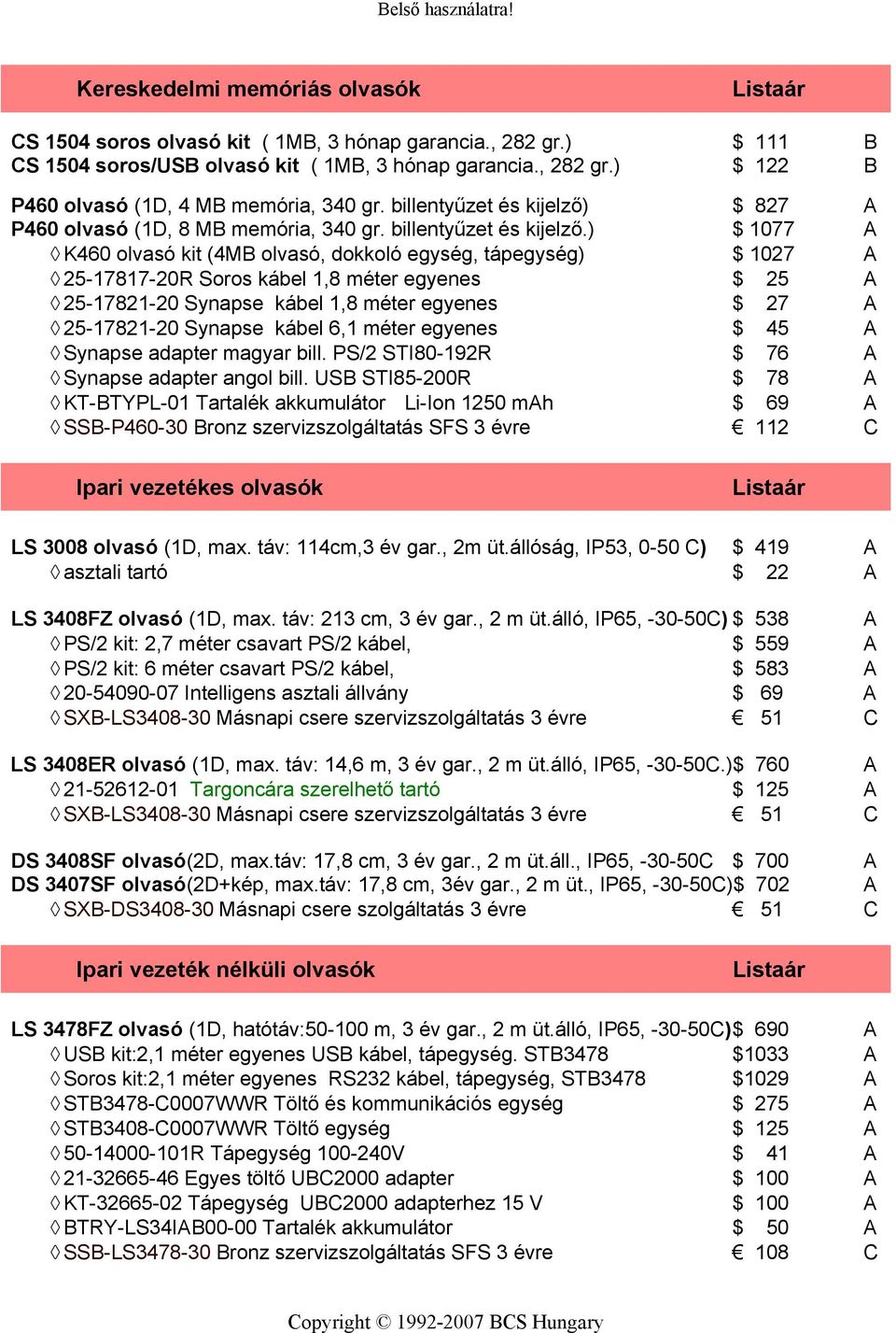 ) 1077 K460 olvasó kit (4MB olvasó, dokkoló egység, tápegység) 1027 25-17817-20R Soros kábel 1,8 méter egyenes 25 25-17821-20 Synapse kábel 1,8 méter egyenes 27 25-17821-20 Synapse kábel 6,1 méter