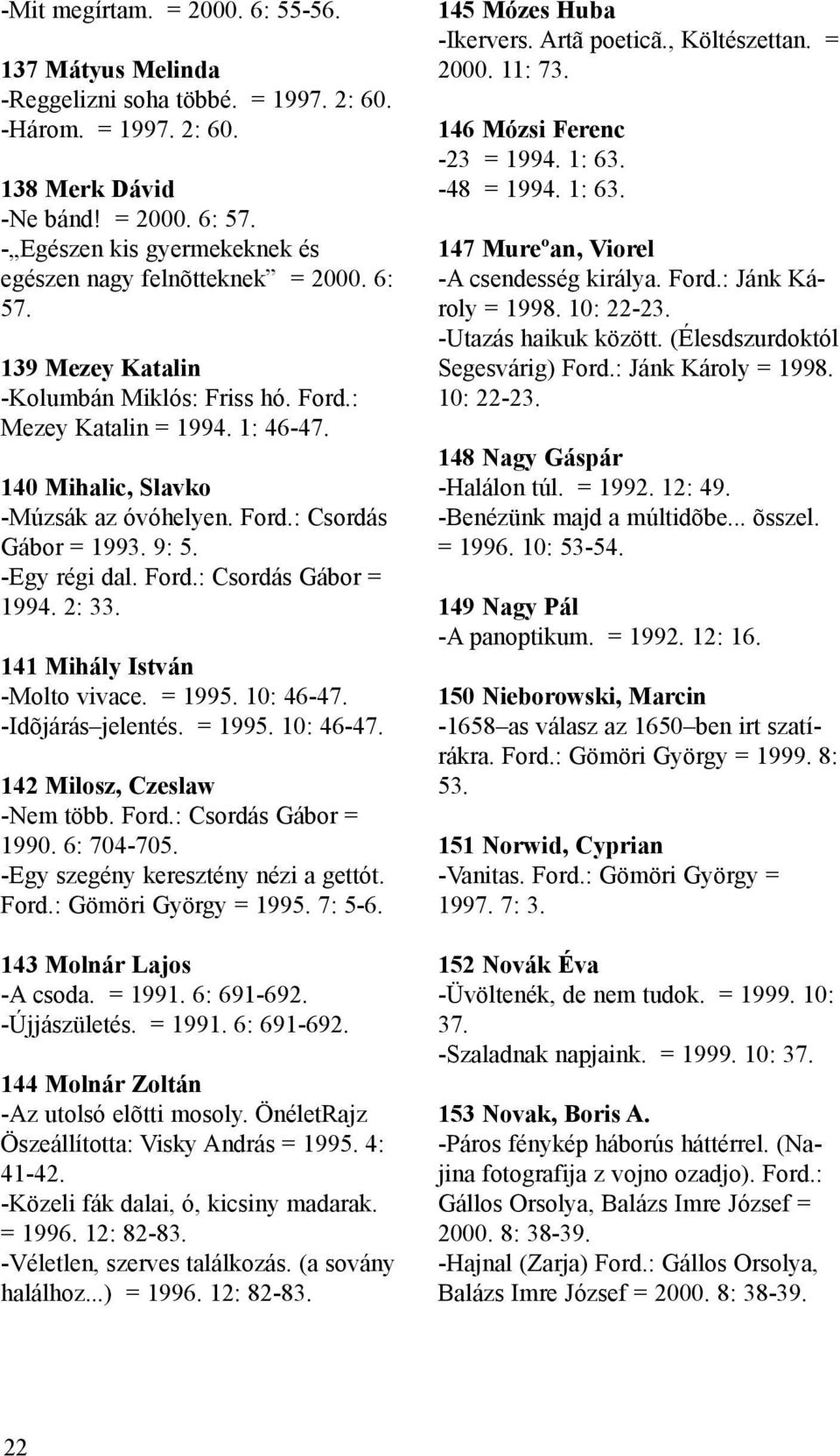 Ford.: Csordás Gábor = 1993. 9: 5. -Egy régi dal. Ford.: Csordás Gábor = 1994. 2: 33. 141 Mihály István -Molto vivace. = 1995. 10: 46-47. -Idõjárás jelentés. = 1995. 10: 46-47. 142 Milosz, Czeslaw -Nem több.