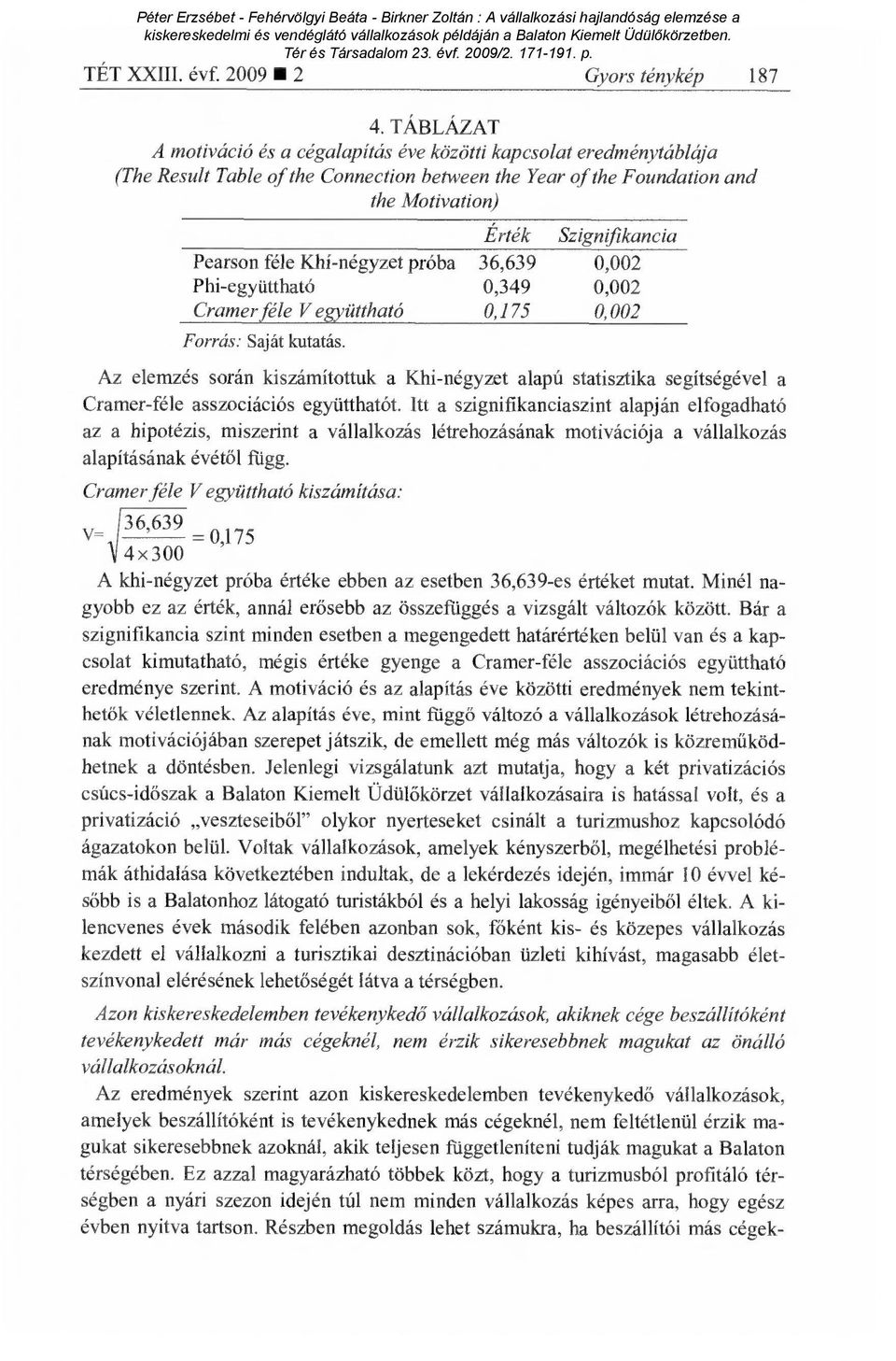 féle Khí-négyzet próba 36,639 0,002 Phi-együttható 0,349 0,002 Cramer, féle V együttható 0,175 0,002 Forrás: Saját kutatás.