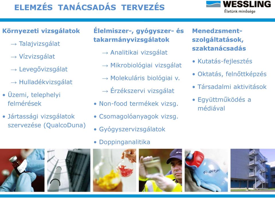 Mikrobiológiai vizsgálat Molekuláris biológiai v. Érzékszervi vizsgálat Non-food termékek vizsg. Csomagolóanyagok vizsg.