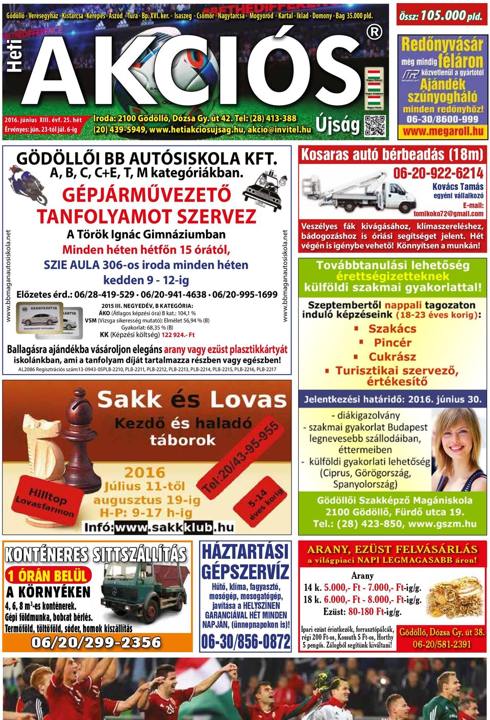 6-ig Iroda: 2100 Gödöllő, Dózsa Gy. út 42. Tel: (28) 413-388 (20) 439-5949, www.hetiakciosujsag.hu, akcio@invitel.hu GÖDÖLLŐI BB AUTÓSISKOLA KFT. A, B, C, C+E, T, M kategóriákban.