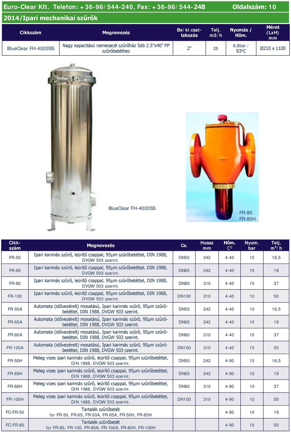 6,8bar / 93ºC Méret (LxH) mm Ø210 x 1100 BlueClear FH-4020SS FR-80 FR-80H Be/ki csatlakozás FR-50 FR-65 FR-80 FR-100 FR-50A FR-65A FR-80A FR-100A FR-50H FR-65H FR-80H FR-100H FC-FR-50 FC-FR-80