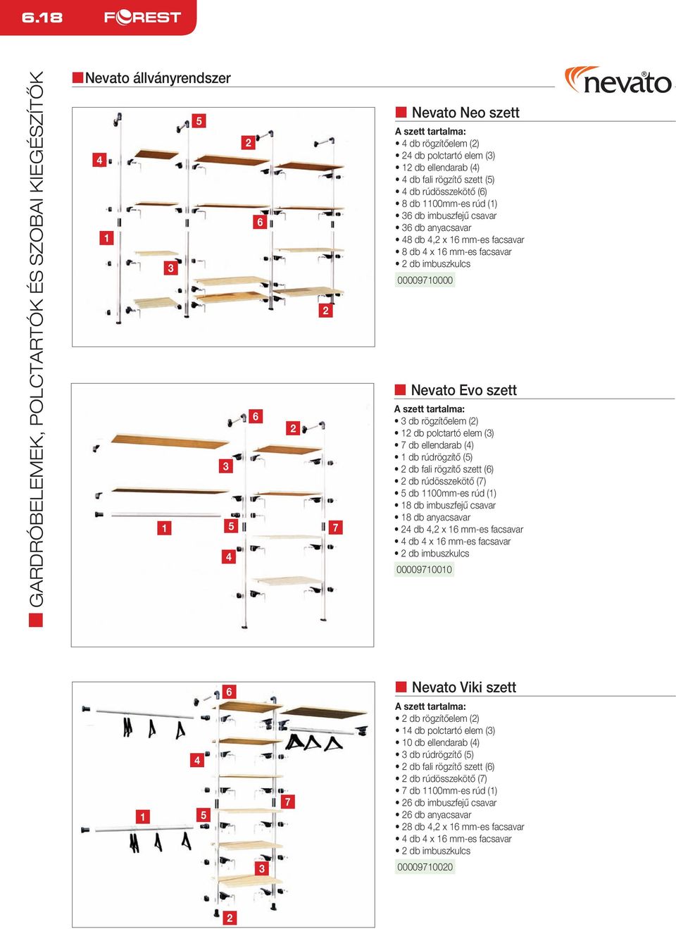 tartalma: 3 db rögzítőelem (2) 12 db polctartó elem (3) 7 db ellendarab (4) 1 db rúdrögzítő (5) 2 db fali rögzítő szett (6) 2 db rúdösszekötő (7) 5 db 1100mm-es rúd (1) 18 db imbuszfejű csavar 18 db