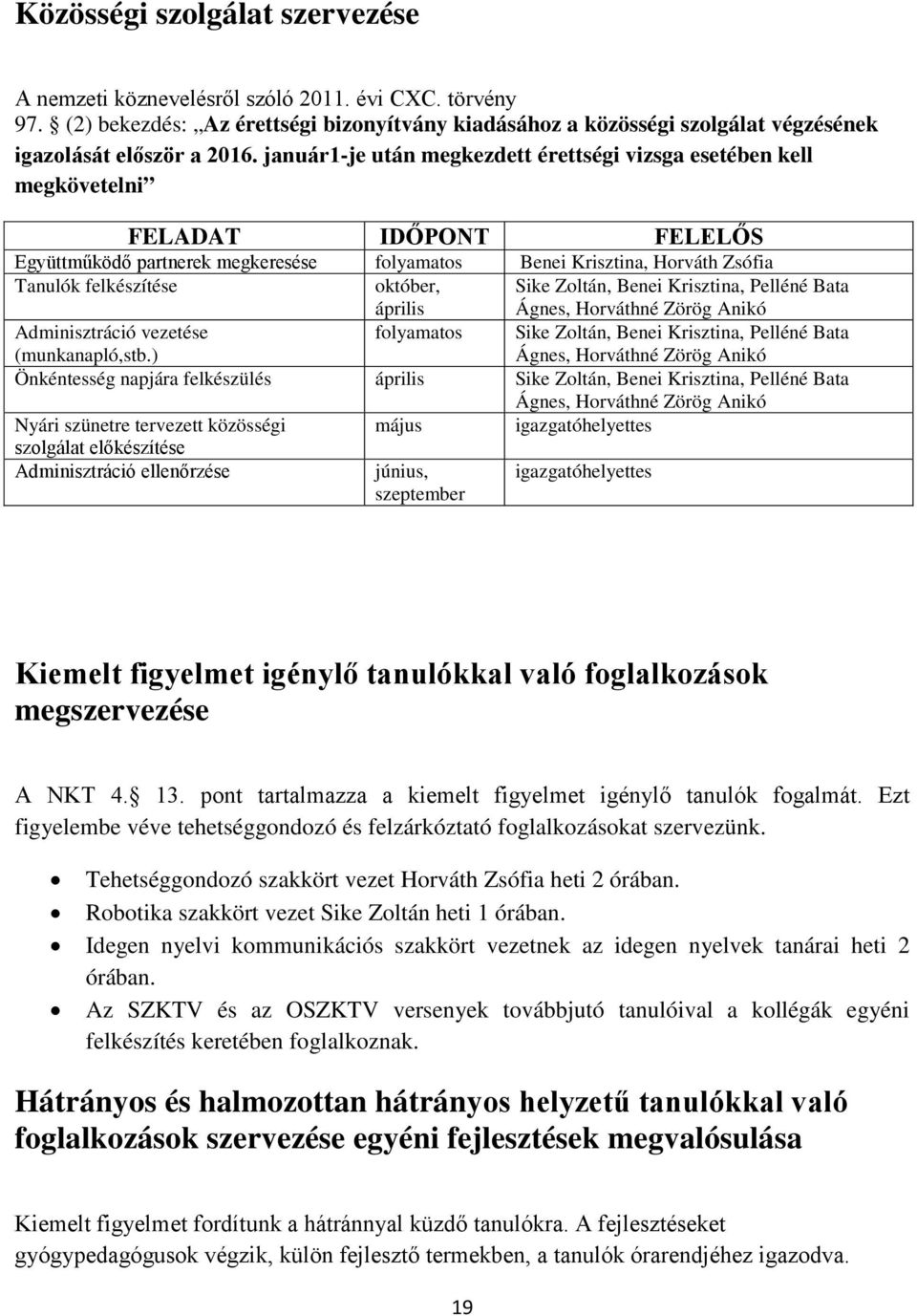 október, április Sike Zoltán, Benei Krisztina, Pelléné Bata Ágnes, Horváthné Zörög Anikó Adminisztráció vezetése (munkanapló,stb.