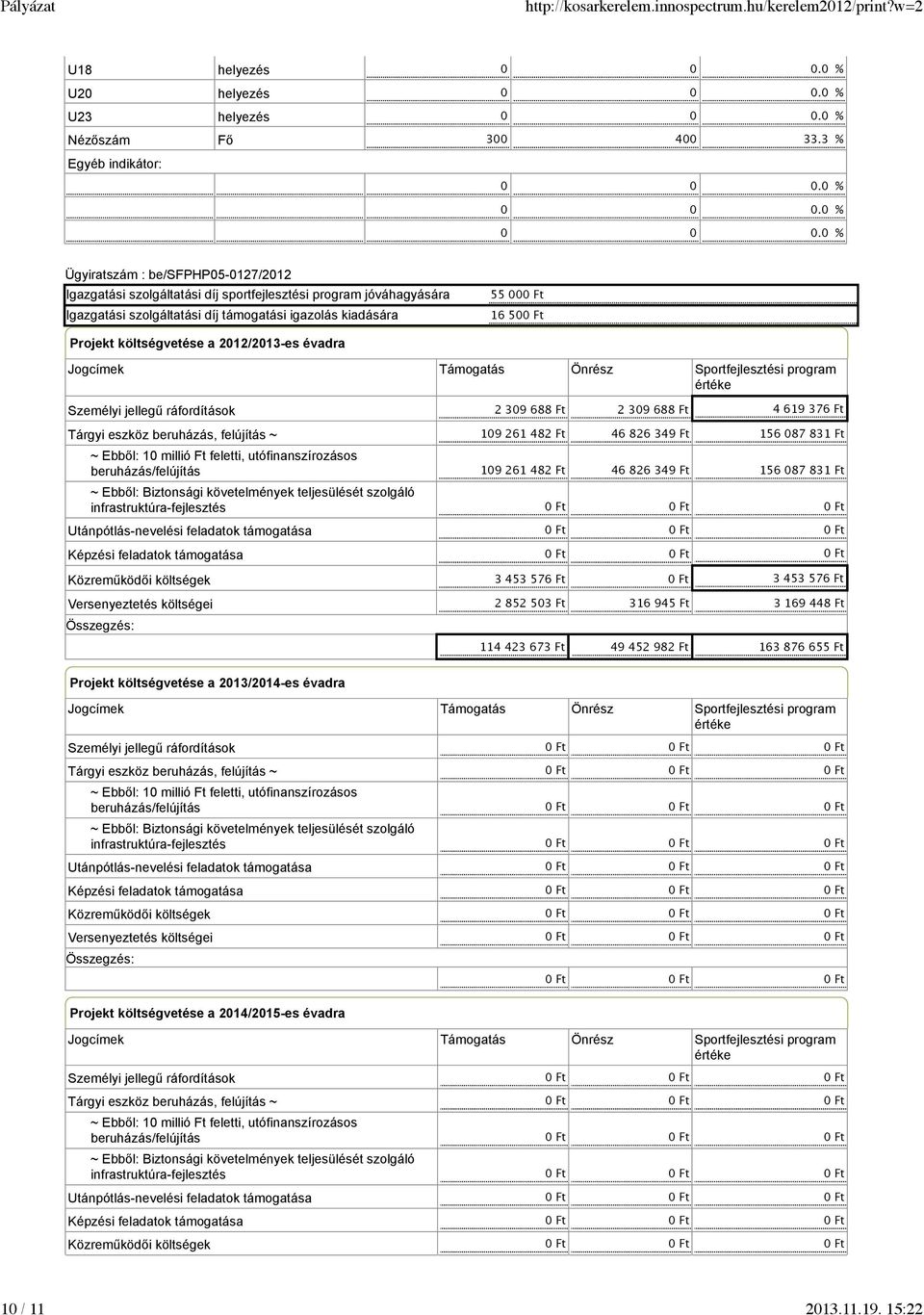 Támogatás Önrész Sportfejlesztési program értéke Személyi jellegű ráfordítások Tárgyi eszköz beruházás, felújítás ~ ~ Ebből: 10 millió Ft feletti, utófinanszírozásos beruházás/felújítás ~ Ebből: