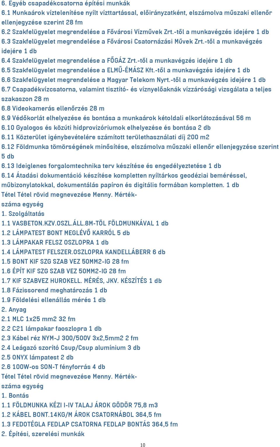 -től a munkavégzés idejére 1 db 6.5 Szakfelügyelet megrendelése a ELMŰ-ÉMÁSZ Kft.-től a munkavégzés idejére 1 db 6.6 Szakfelügyelet megrendelése a Magyar Telekom Nyrt.