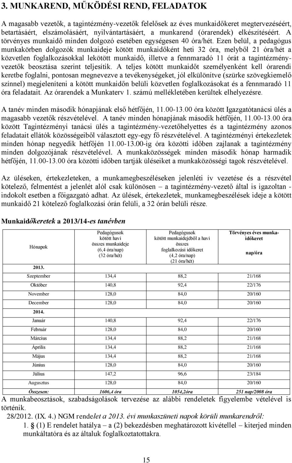 Ezen belül, a pedagógus munkakörben dolgozók munkaideje kötött munkaidőként heti 32 óra, melyből 21 óra/hét a közvetlen foglalkozásokkal lekötött munkaidő, illetve a fennmaradó 11 órát a