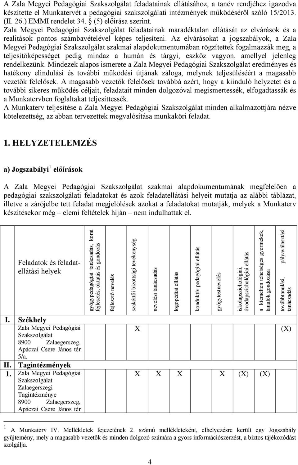 feladatainak ellátásához, a tanév rendjéhez igazodva készítette el Munkatervét a pedagógiai szakszolgálati intézmények működéséről szóló 15/2013. (II. 26.) EMMI rendelet 34. (5) előírása szerint.