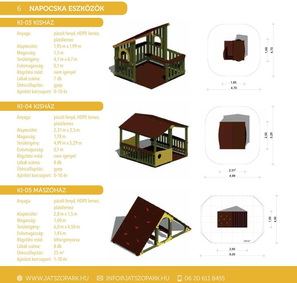 x 5,29 m Esésmagasság: 0,1 m Rögzítési mód: nem igényel Lábak száma: 8 db Ütéscsillapítás: gyep Ajánlott korcsoport: 0 10 év 2,31 5 4,99 2,50 5,29 KI-05 MÁSZÓHÁZ pácolt fenyő, HDPE lemez, platólemez