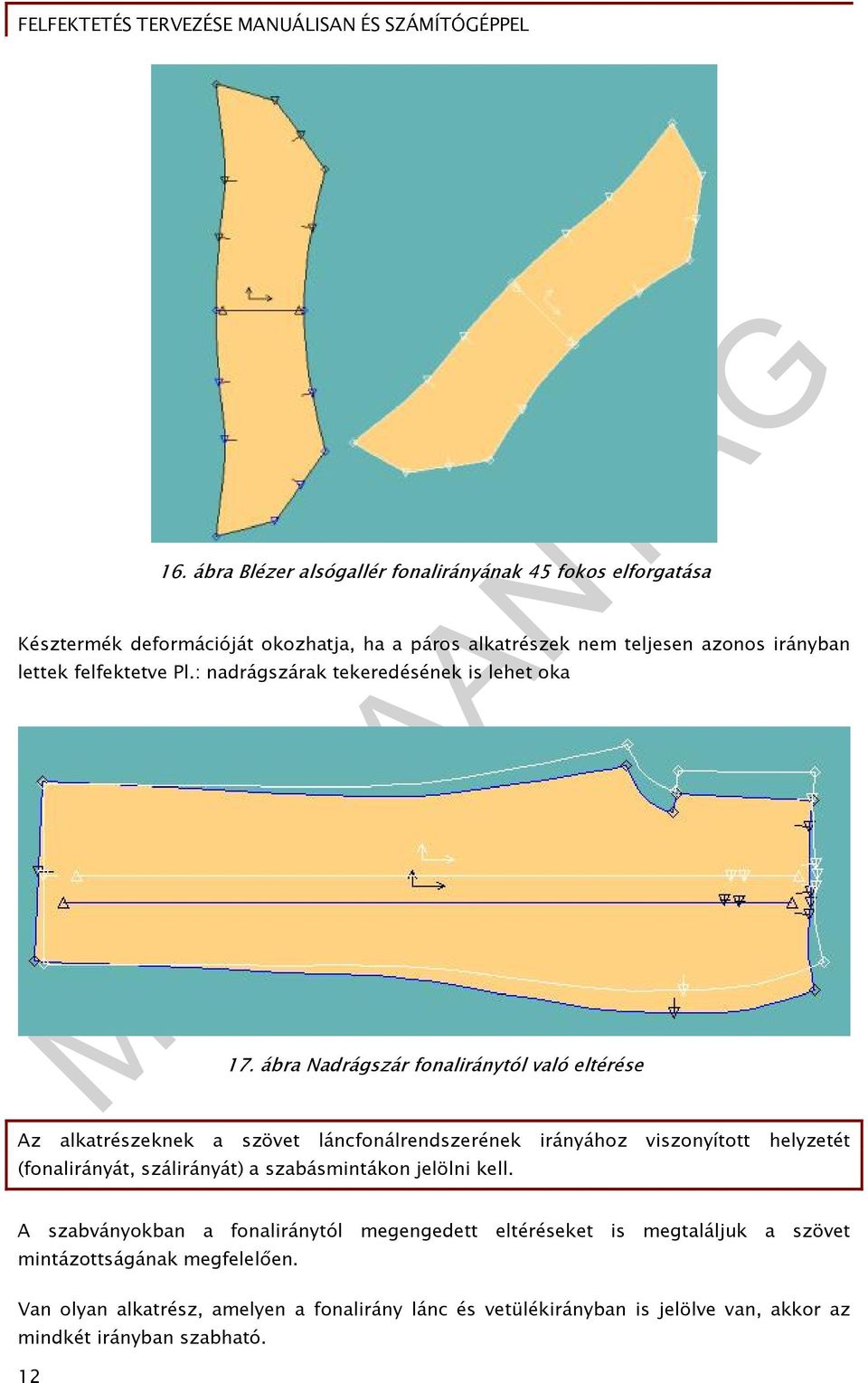 ábra Nadrágszár fonaliránytól való eltérése Az alkatrészeknek a szövet láncfonálrendszerének irányához viszonyított helyzetét (fonalirányát, szálirányát) a