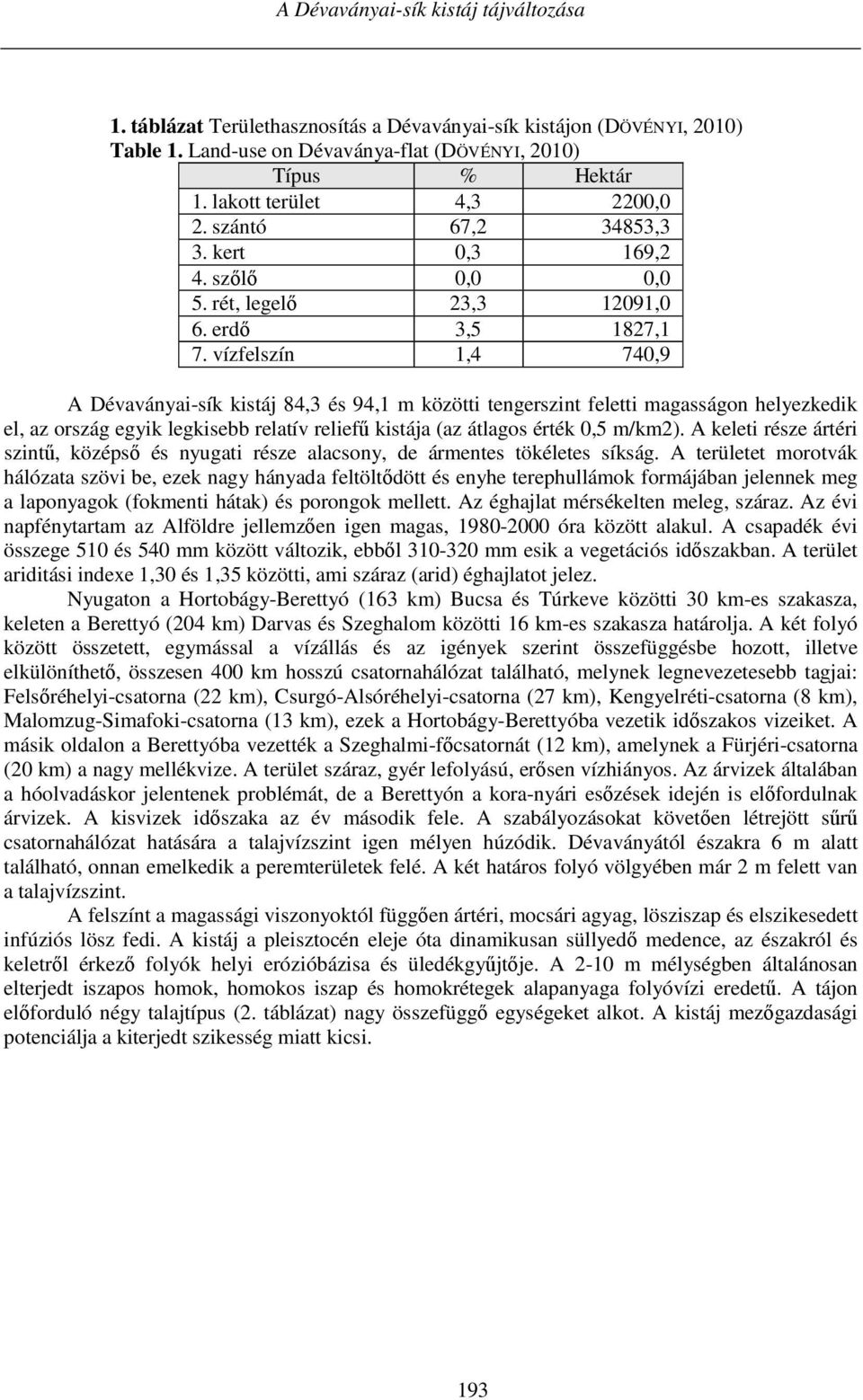 vízfelszín 1,4 740,9 A Dévaványai-sík kistáj 84,3 és 94,1 m közötti tengerszint feletti magasságon helyezkedik el, az ország egyik legkisebb relatív reliefű kistája (az átlagos érték 0,5 m/km2).