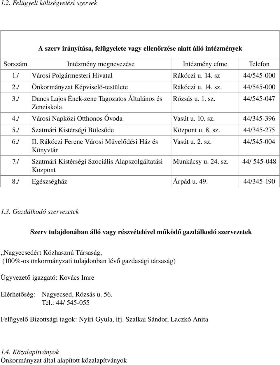 / Városi Napközi Otthonos Óvoda Vasút u. 10. sz. 44/345-396 5./ Szatmári Kistérségi Bölcsőde Központ u. 8. sz. 44/345-275 6./ II. Rákóczi Ferenc Városi Művelődési Ház és Könyvtár 7.