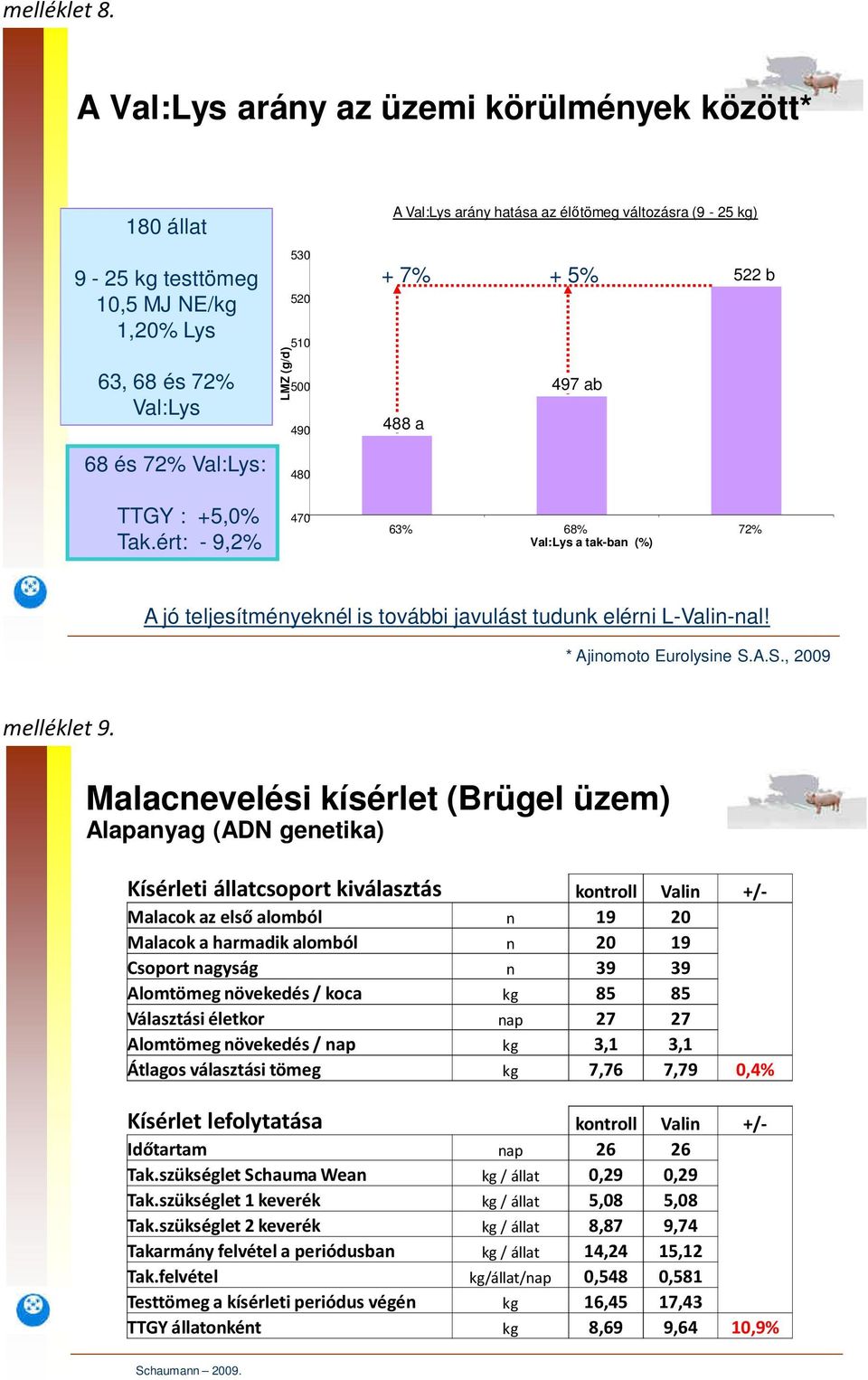 élıtömeg változásra (9-25 kg) 7% 5% 497 ab 488 a 522 b TTGY : 5,0% Tak.ért: - 9,2% 470 63% 68% 72% Val:Lys a tak-ban (%) A jó teljesítményeknél is további javulást tudunk elérni L-Valin-nal!