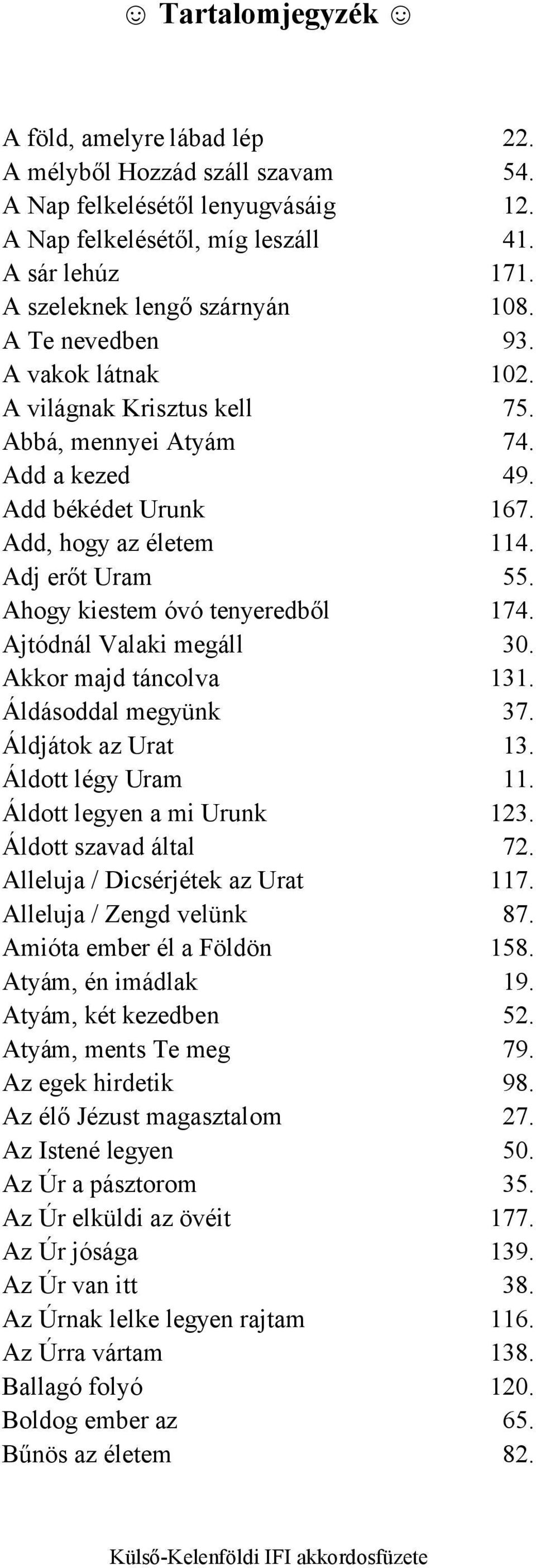 Ahogy kiestem óvó tenyeredből 174. Ajtódnál Valaki megáll 30. Akkor majd táncolva 131. Áldásoddal megyünk 37. Áldjátok az Urat 13. Áldott légy Uram 11. Áldott legyen a mi Urunk 123.