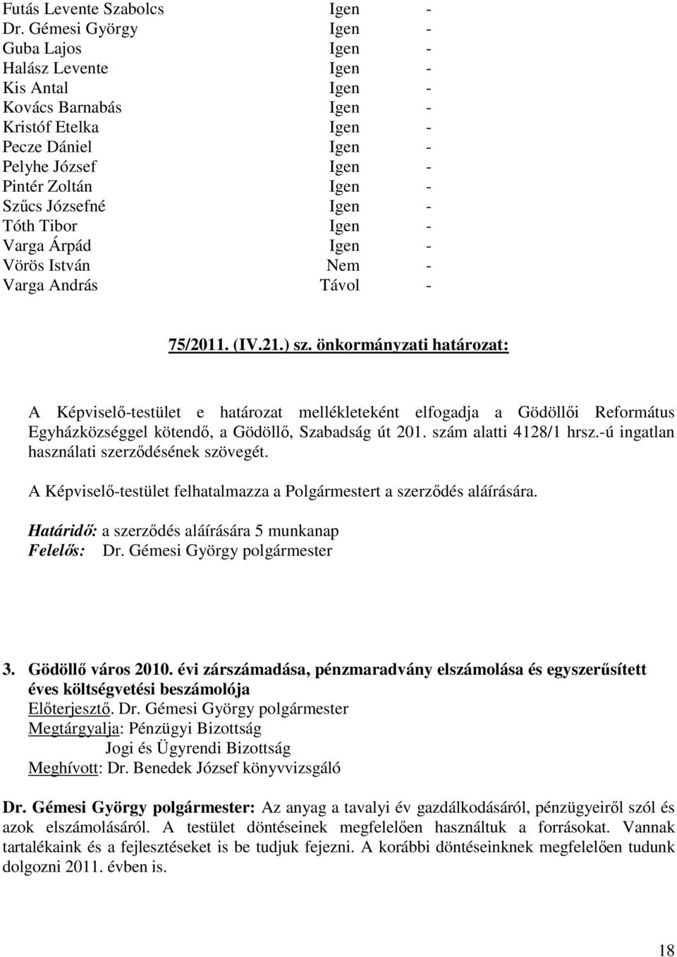 Igen - Tóth Tibor Igen - Varga Árpád Igen - Vörös István Nem - Varga András Távol - 75/2011. (IV.21.) sz.