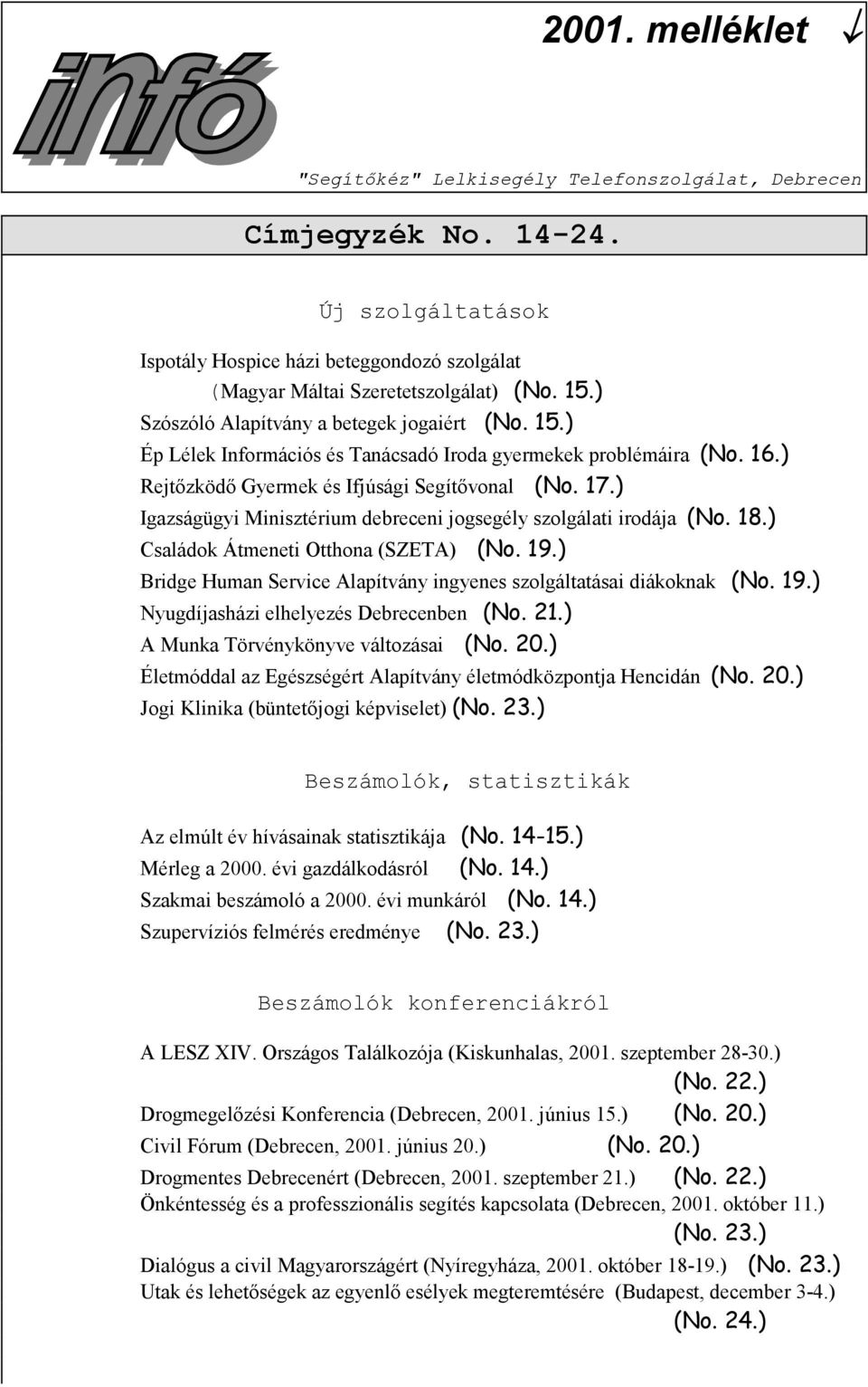 ) Igazságügyi Minisztérium debreceni jogsegély szolgálati irodája (No. 18.) Családok Átmeneti Otthona (SZETA) (No. 19.) Bridge Human Service Alapítvány ingyenes szolgáltatásai diákoknak (No. 19.) Nyugdíjasházi elhelyezés Debrecenben (No.