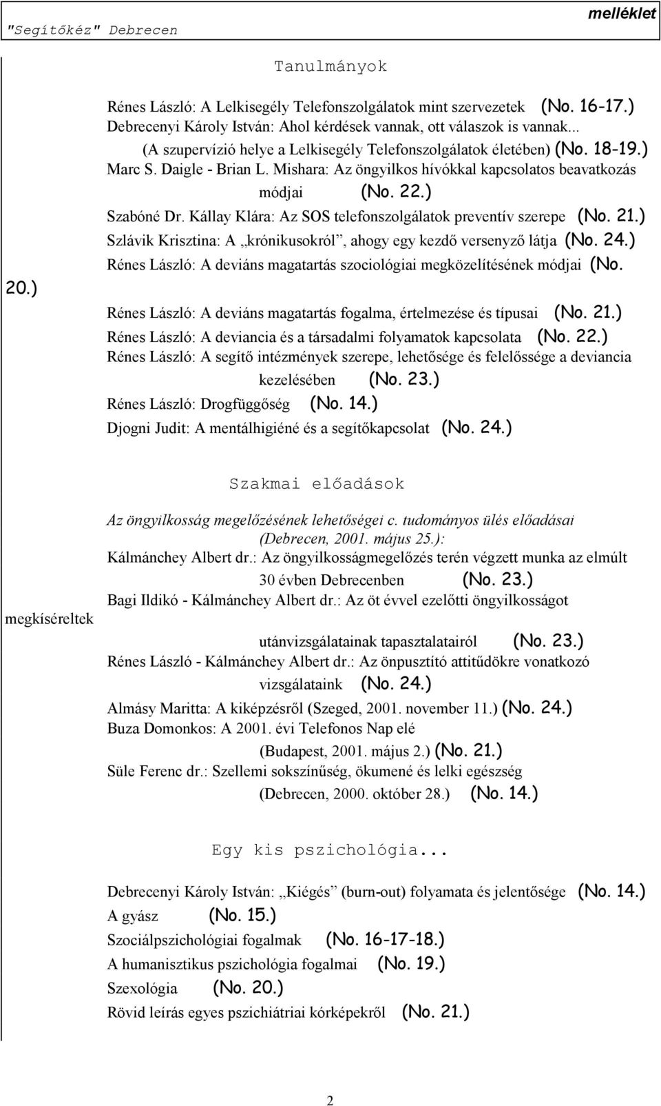 Kállay Klára: Az SOS telefonszolgálatok preventív szerepe (No. 21.) Szlávik Krisztina: A krónikusokról, ahogy egy kezdő versenyző látja (No. 24.