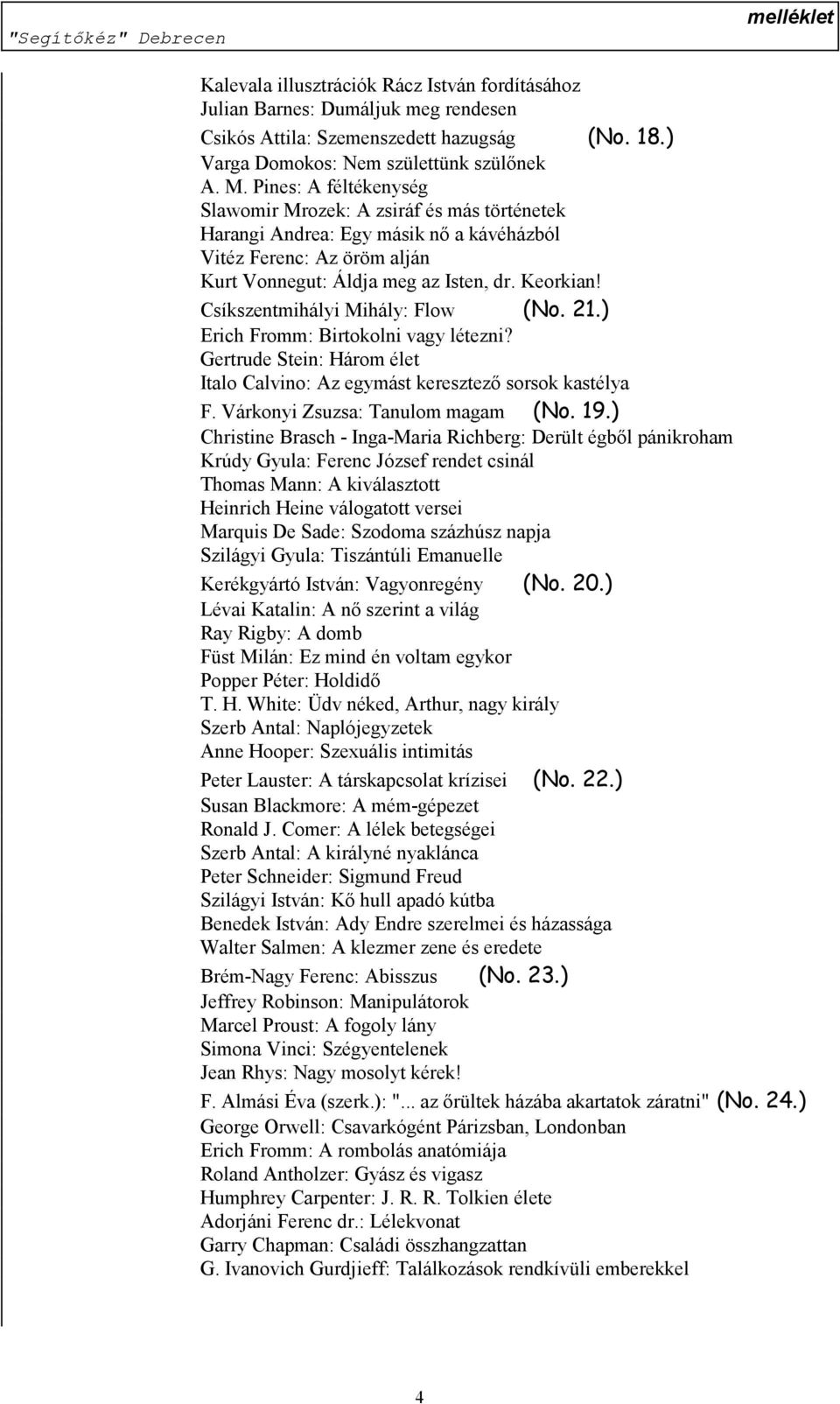 Csíkszentmihályi Mihály: Flow (No. 21.) Erich Fromm: Birtokolni vagy létezni? Gertrude Stein: Három élet Italo Calvino: Az egymást keresztező sorsok kastélya F. Várkonyi Zsuzsa: Tanulom magam (No. 19.