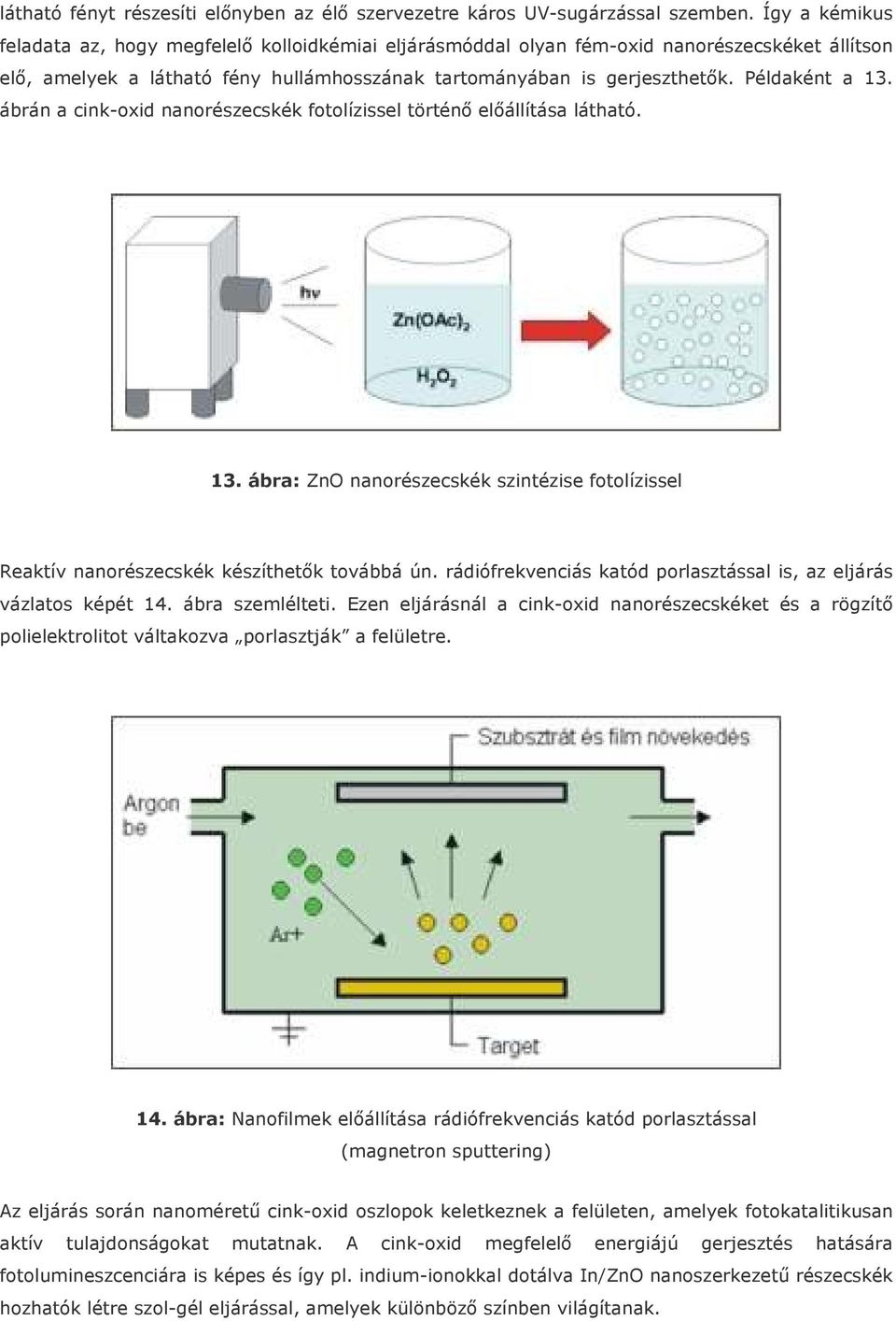 Példaként a 13. ábrán a cink-oxid nanorészecskék fotolízissel történı elıállítása látható. 13. ábra: ZnO nanorészecskék szintézise fotolízissel Reaktív nanorészecskék készíthetık továbbá ún.