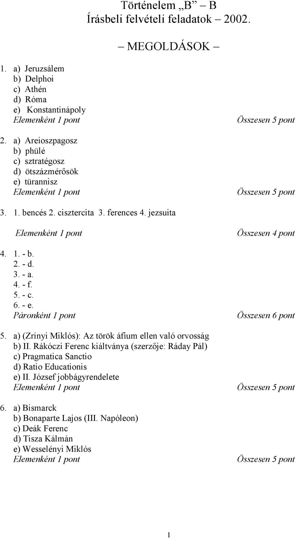 3. - a. 4. - f. 5. - c. 6. - e. Páronként 1 5. a) (Zrínyi Miklós): Az török áfium ellen való orvosság b) II.