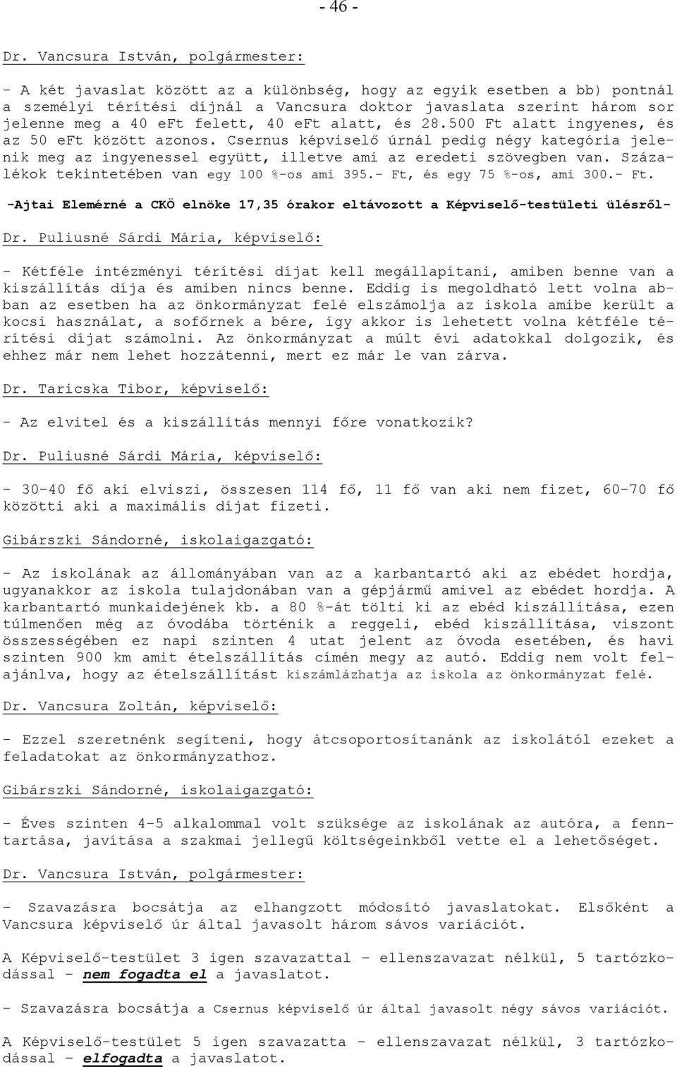 Százalékok tekintetében van egy 100 %-os ami 395.- Ft, és egy 75 %-os, ami 300.- Ft. -Ajtai Elemérné a CKÖ elnöke 17,35 órakor eltávozott a Képviselő-testületi ülésről- Dr.