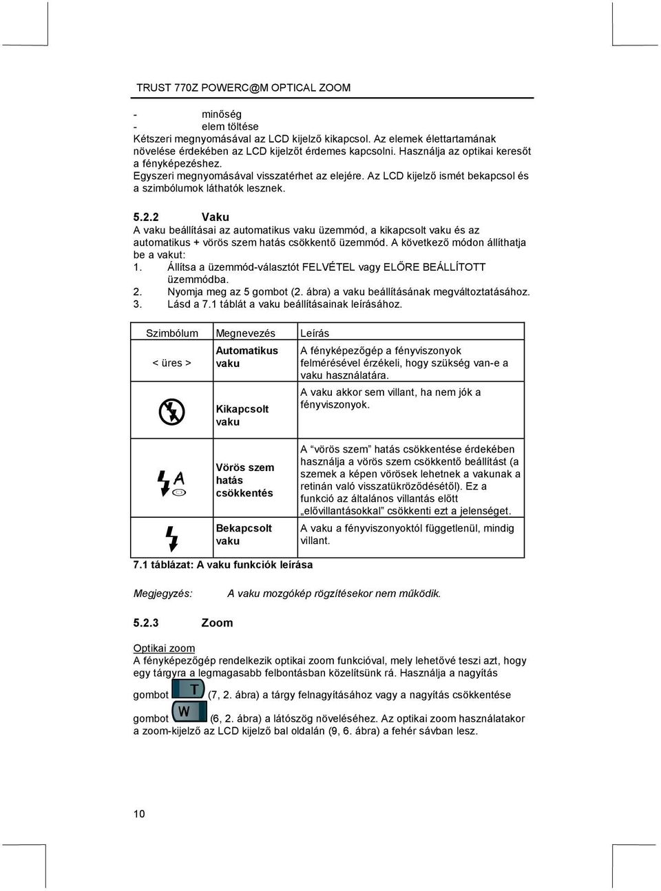 2 Vaku A vaku beállításai az automatikus vaku üzemmód, a kikapcsolt vaku és az automatikus + vörös szem hatás csökkentő üzemmód. A következő módon állíthatja be a vakut: 1.