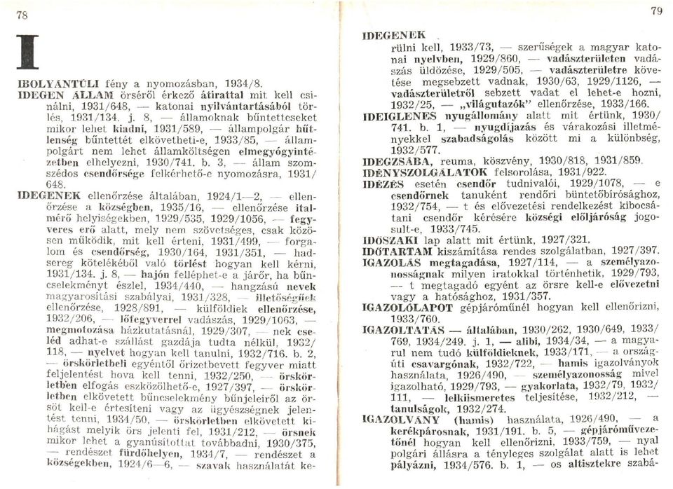 IDEGENEK ellenőrzése általában, 1924/1 2, ellenőrzése a községben, 1935/16, ellenőrzése italmérő helyiségekben, 1929/535, 1929/1056, fegyveres erő alatt, mely nem szövetséges, csak közösen működik,