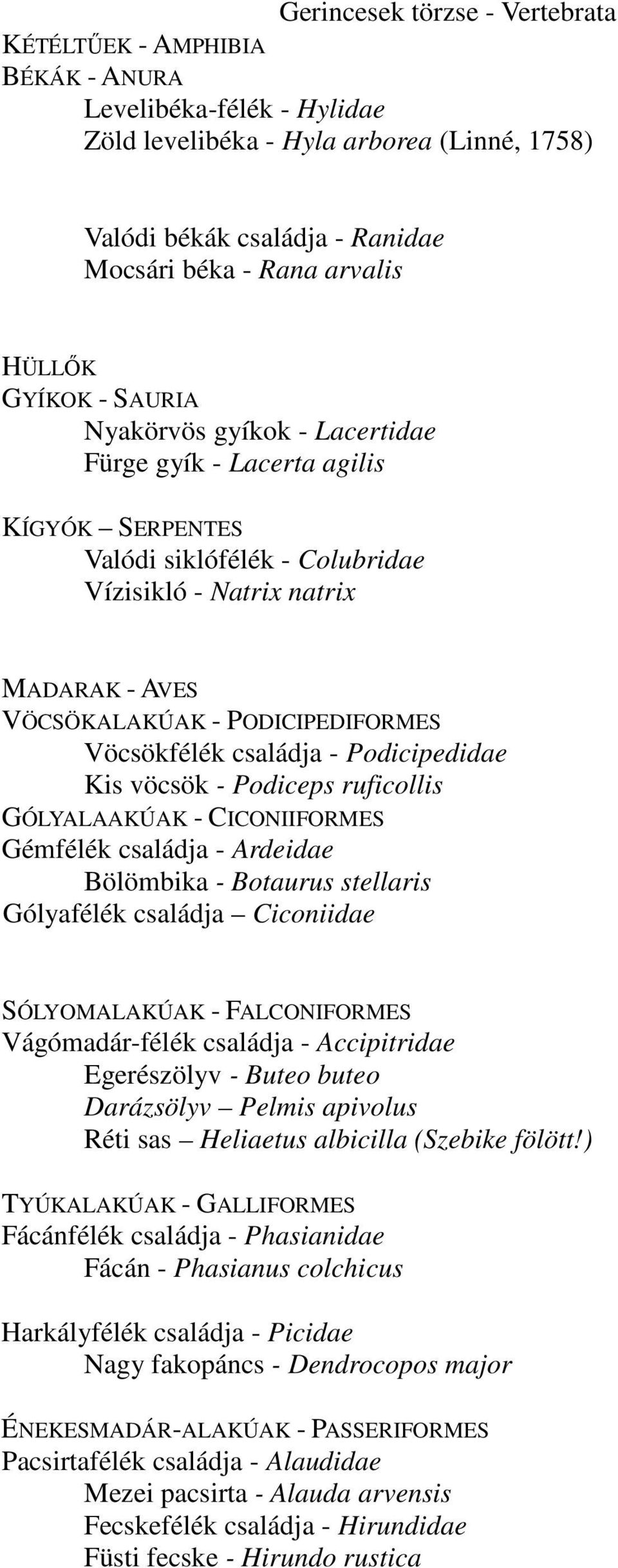 PODICIPEDIFORMES Vöcsökfélék családja - Podicipedidae Kis vöcsök - Podiceps ruficollis GÓLYALAAKÚAK - CICONIIFORMES Gémfélék családja - Ardeidae Bölömbika - Botaurus stellaris Gólyafélék családja