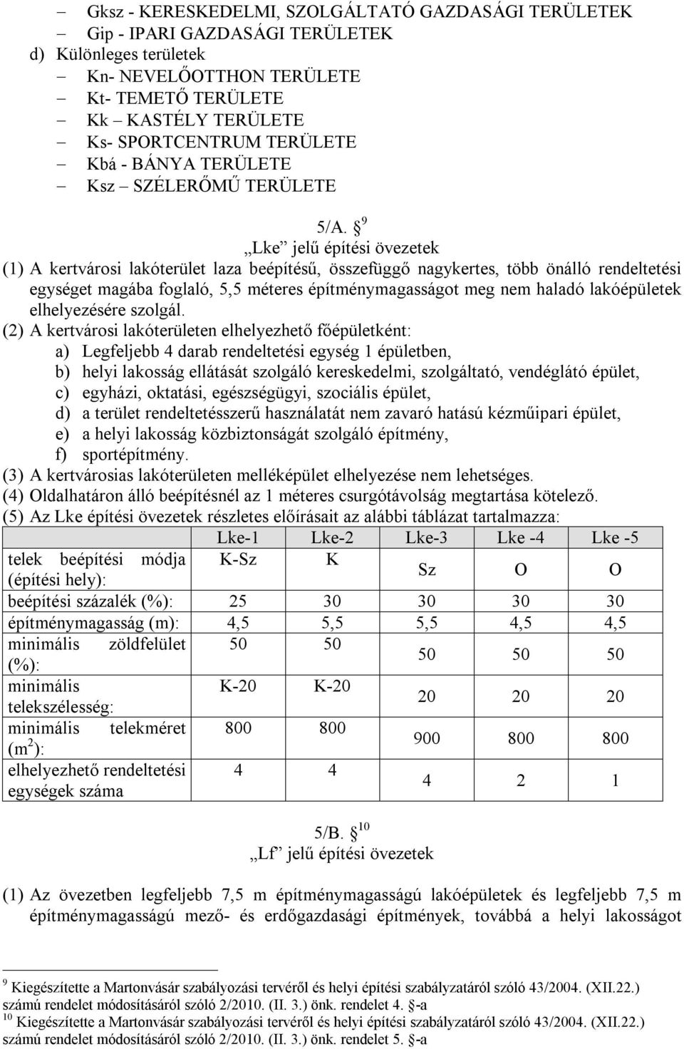 9 Lke jelű építési övezetek (1) A kertvárosi lakóterület laza beépítésű, összefüggő nagykertes, több önálló rendeltetési egységet magába foglaló, 5,5 méteres építménymagasságot meg nem haladó