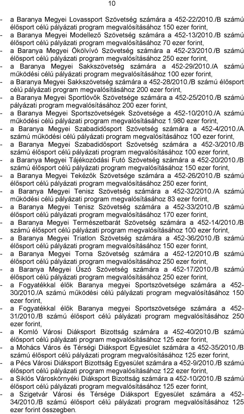/B számú élősport célú pályázati program megvalósításához 70 ezer forint, - a Baranya Megyei Ökölvívó Szövetség számára a 452-23/2010.